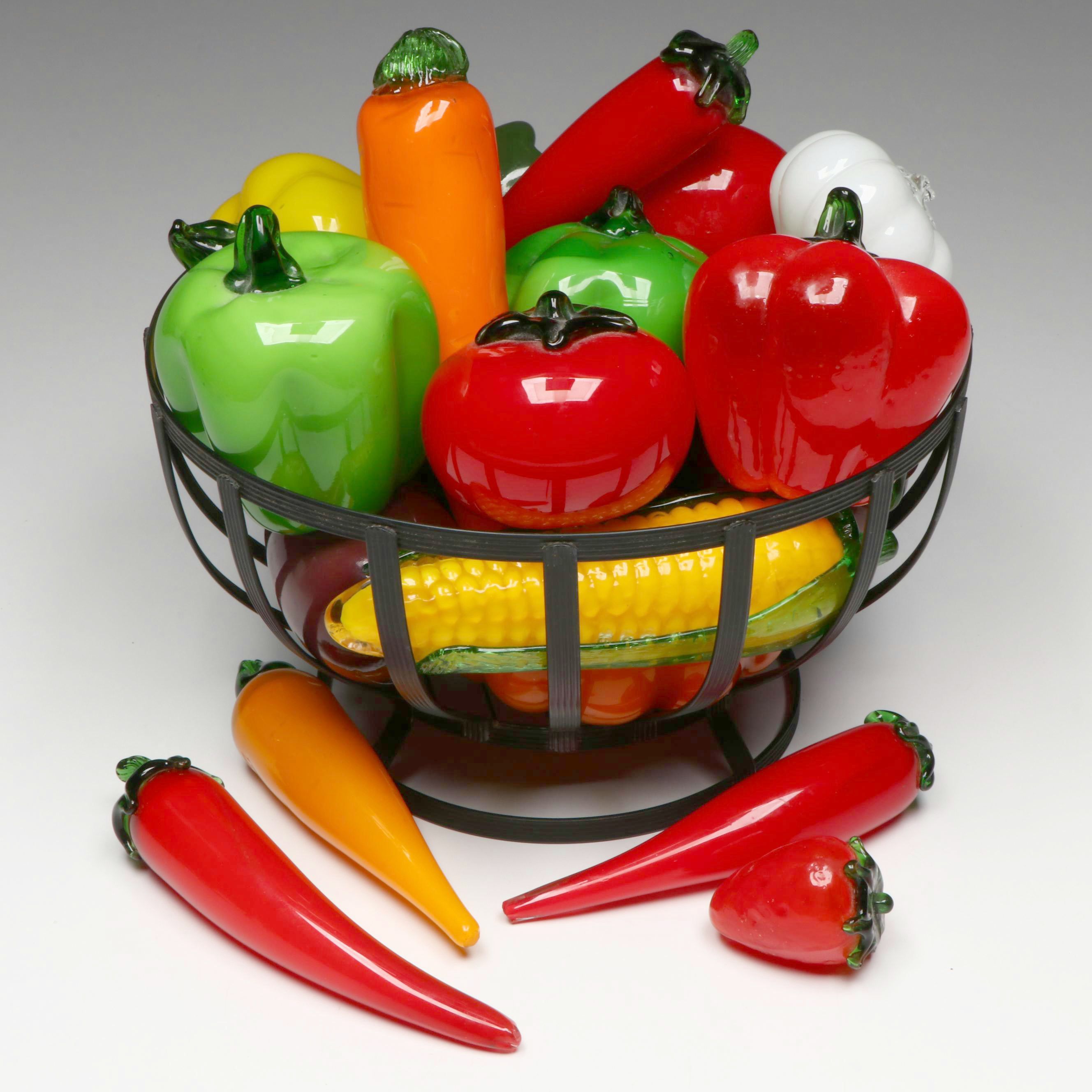 Handblown Glass Fruits and Vegetables with Slotted Metal Footed Bowl