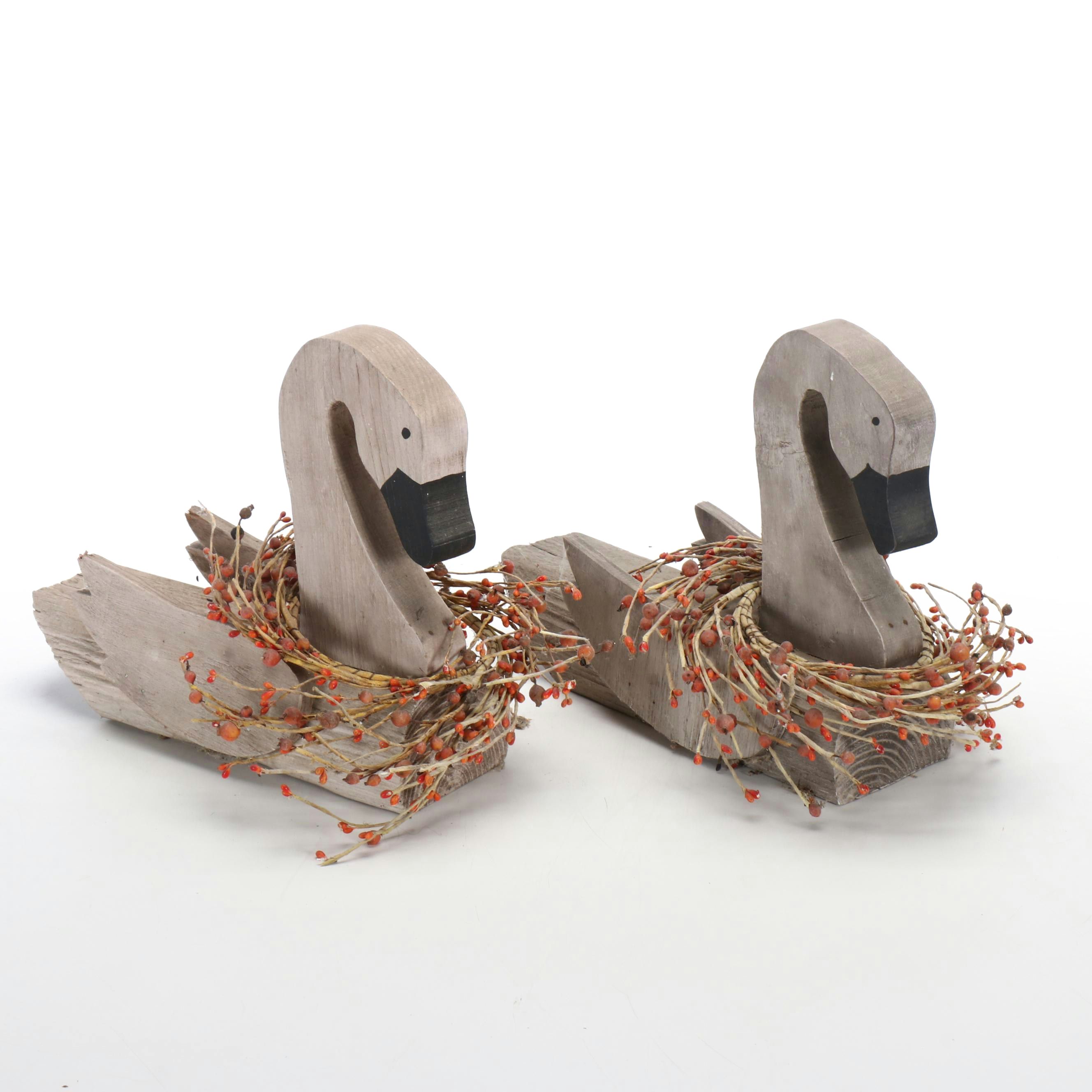 Wooden Carved Geese with Miniature Artificial Wreaths