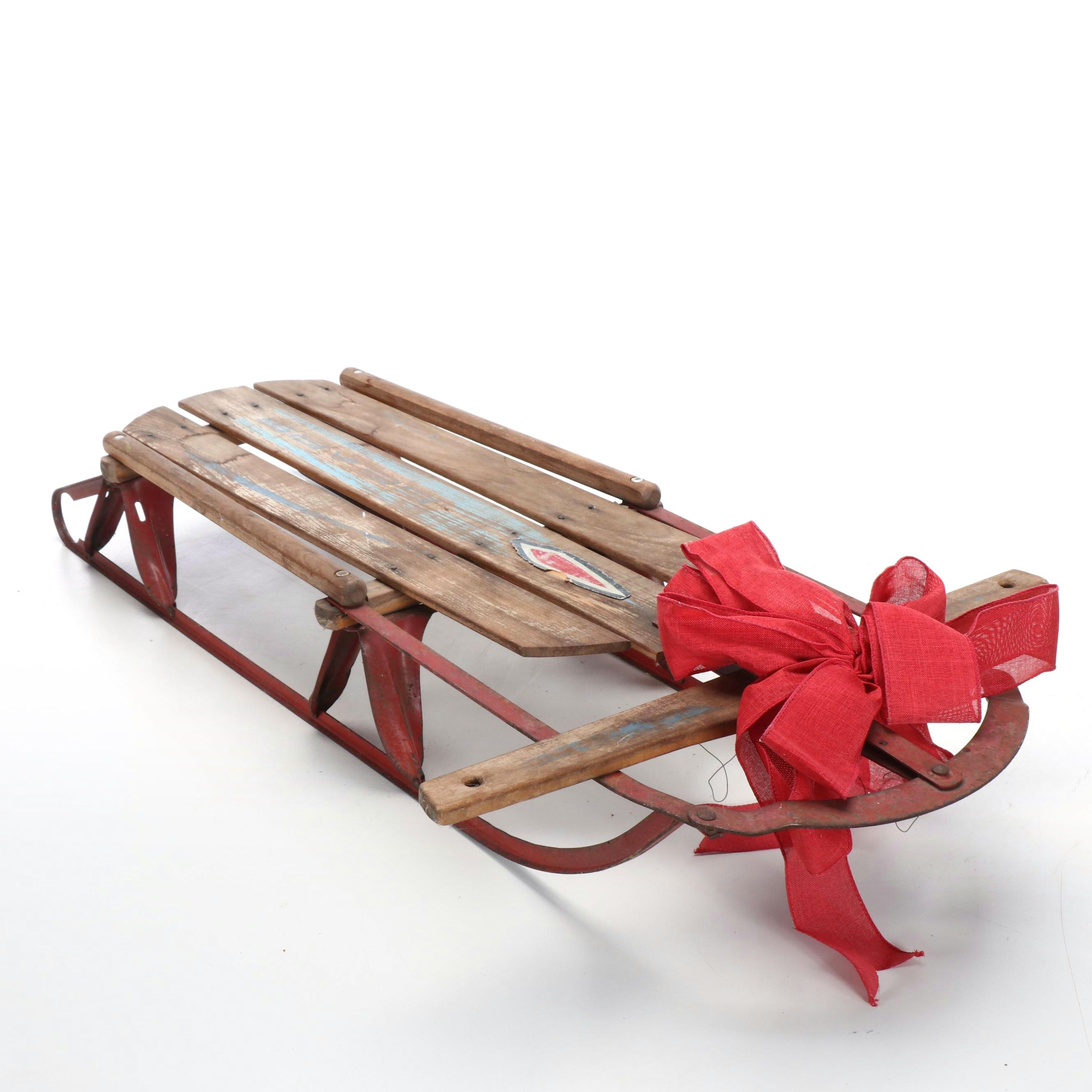 Vintage Wooden Runner Sled with Burlap Holiday Ribbon