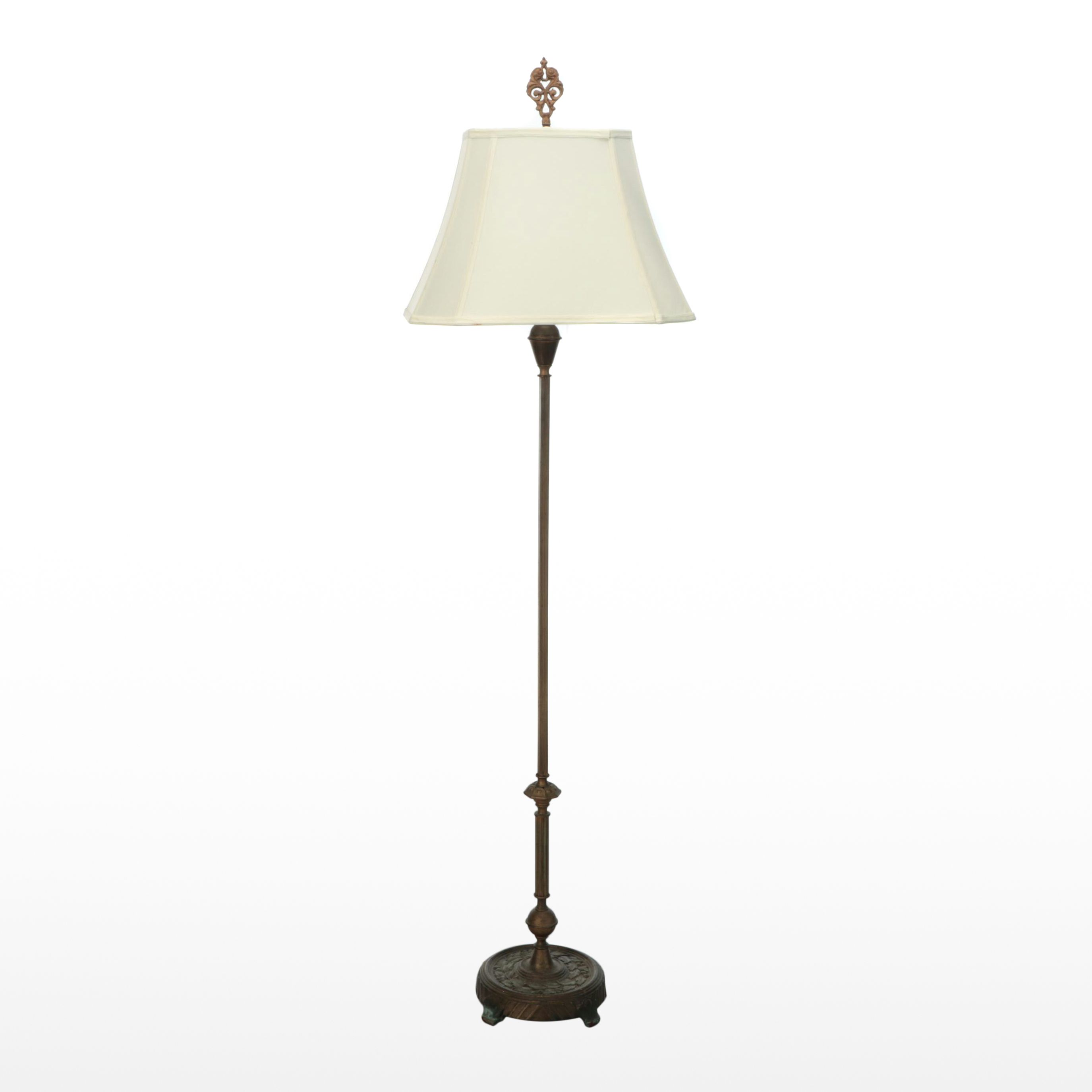 Brass Finish Cast Metal Floor Lamp with Silk Shade