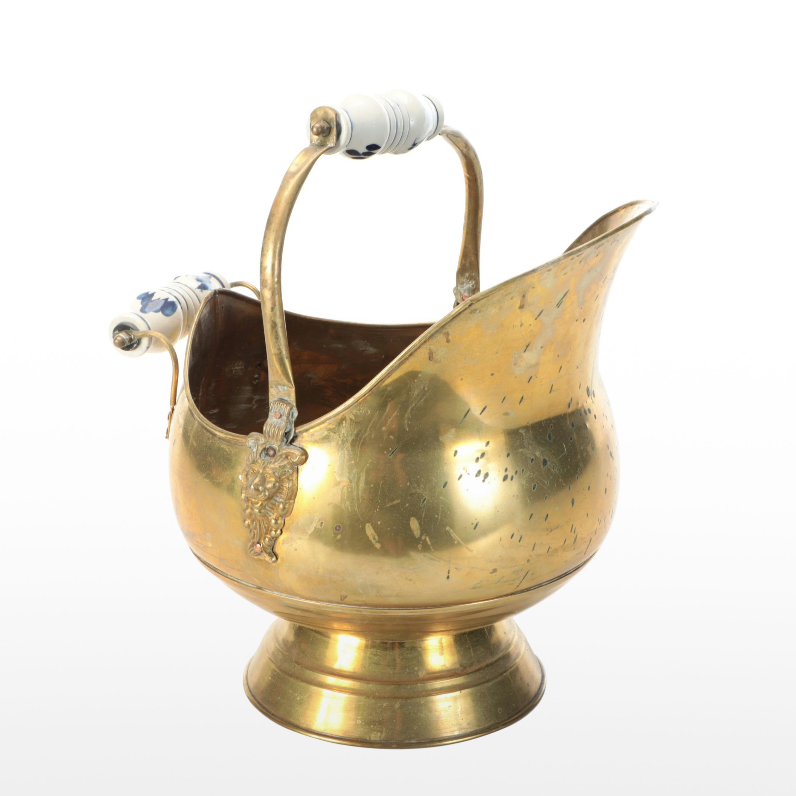 Brass Coal Scuttle with Porcelain Handles