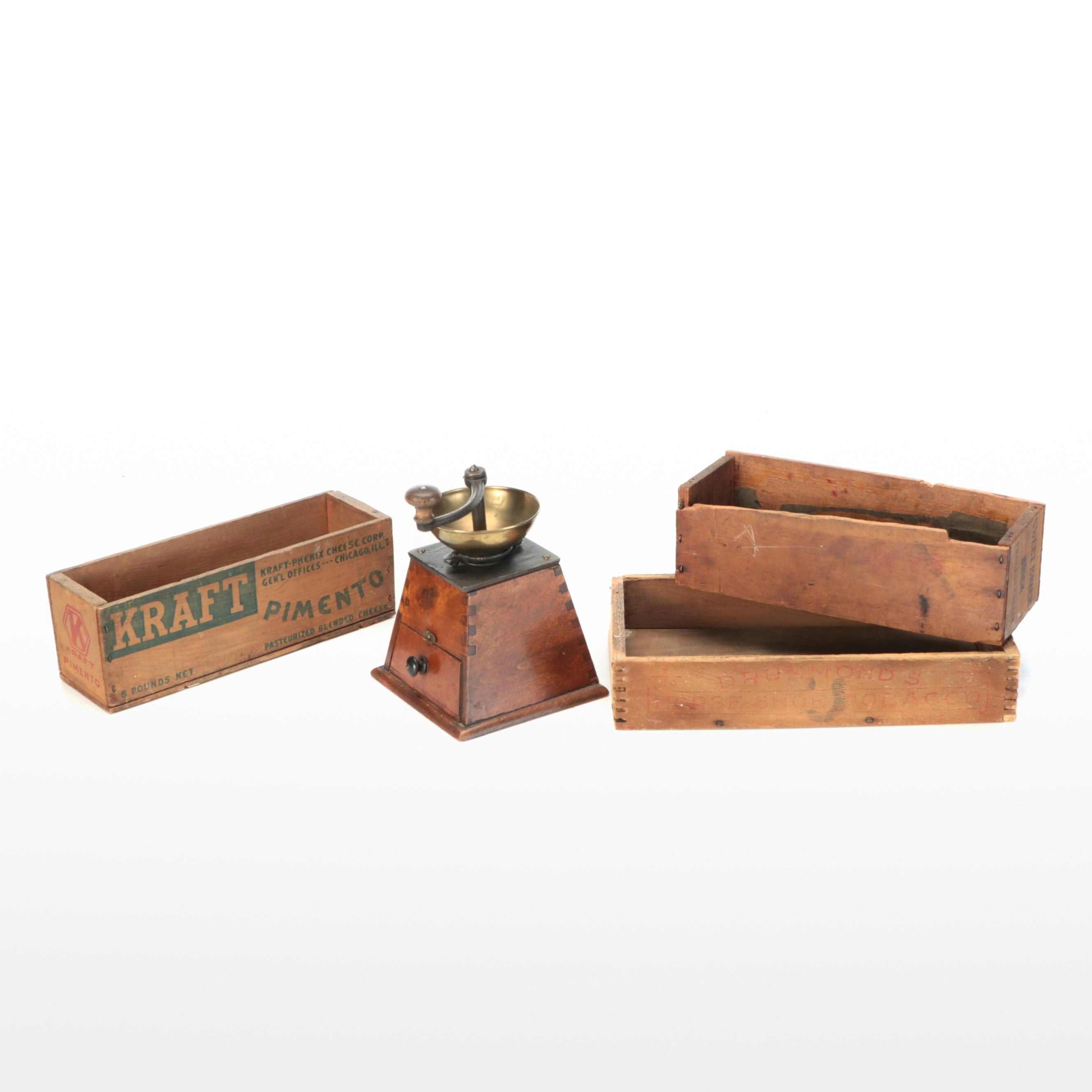 Victorian Hand Crank Coffee Grinder with Wooden Boxes