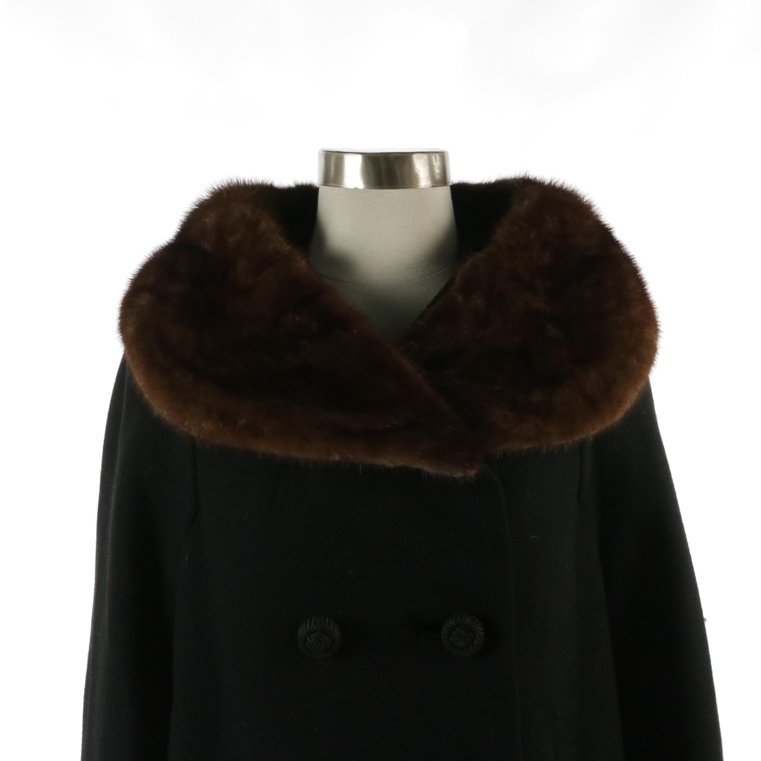 Benmor Mink Collar Double-Breasted Coat in Wool Voltaire, 1950s