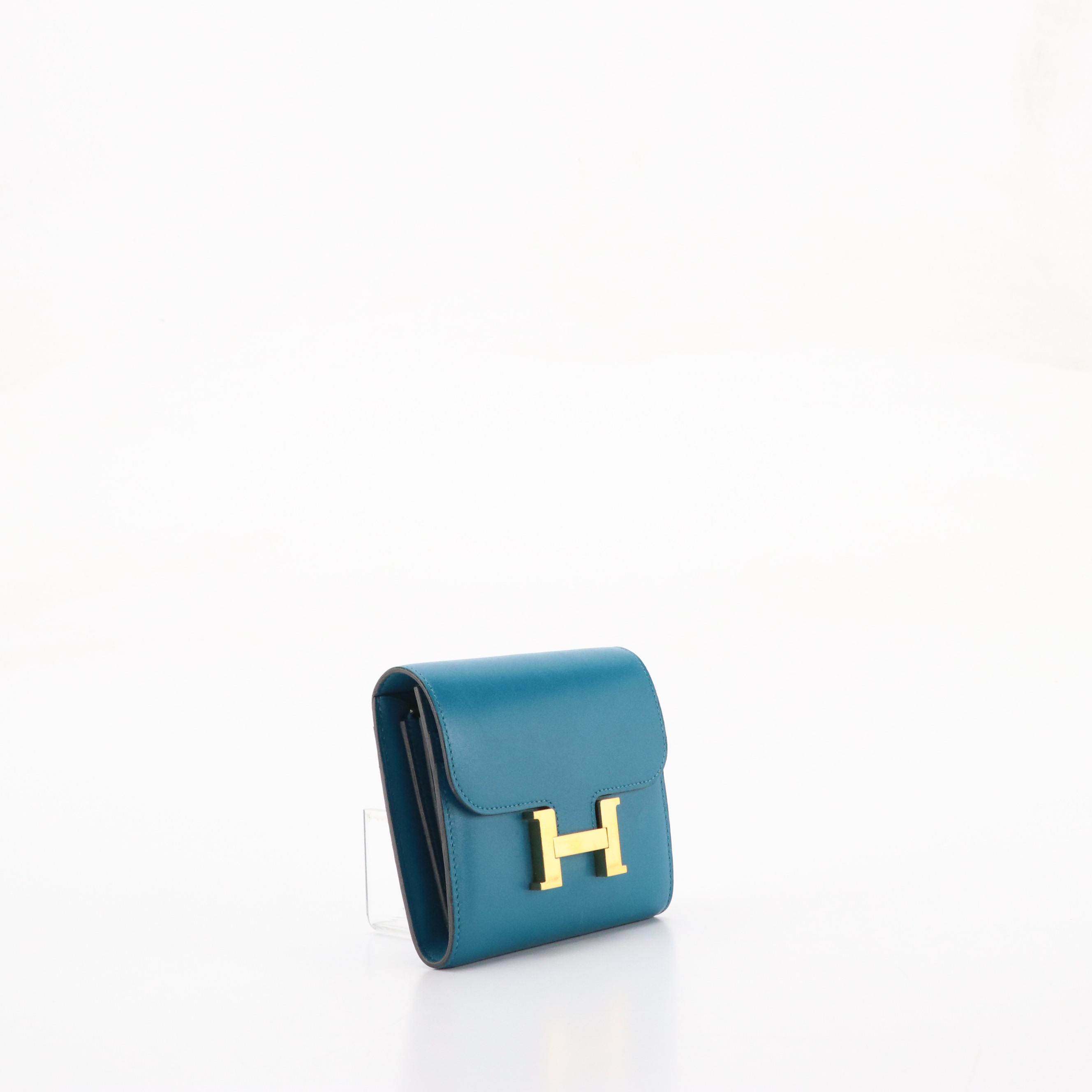 Hermès Constance Compact Wallet in Turquoise Smooth Calf Leather, With Box