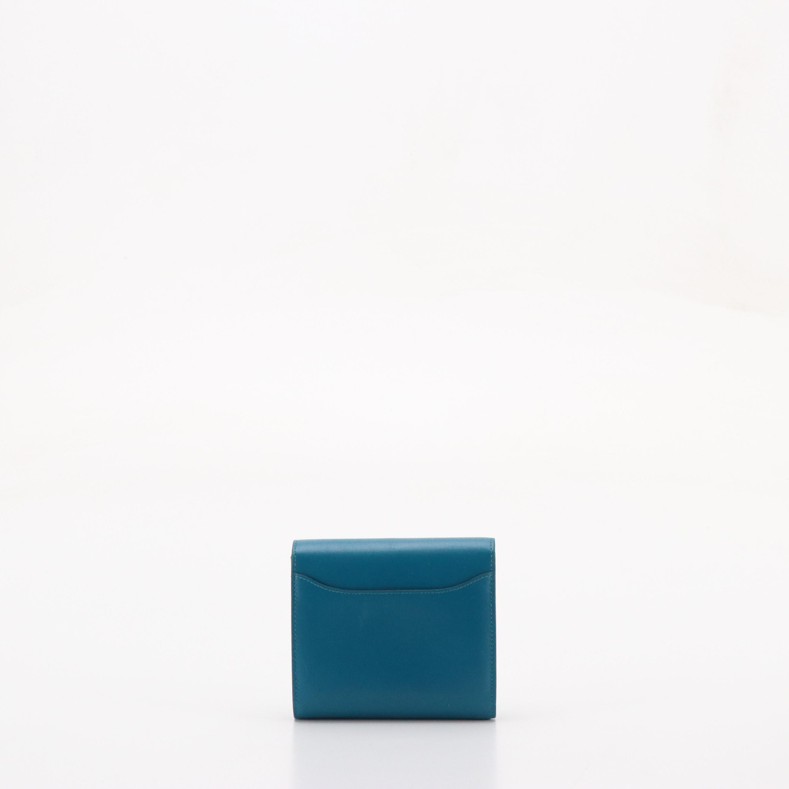 Hermès Constance Compact Wallet in Turquoise Smooth Calf Leather, With Box