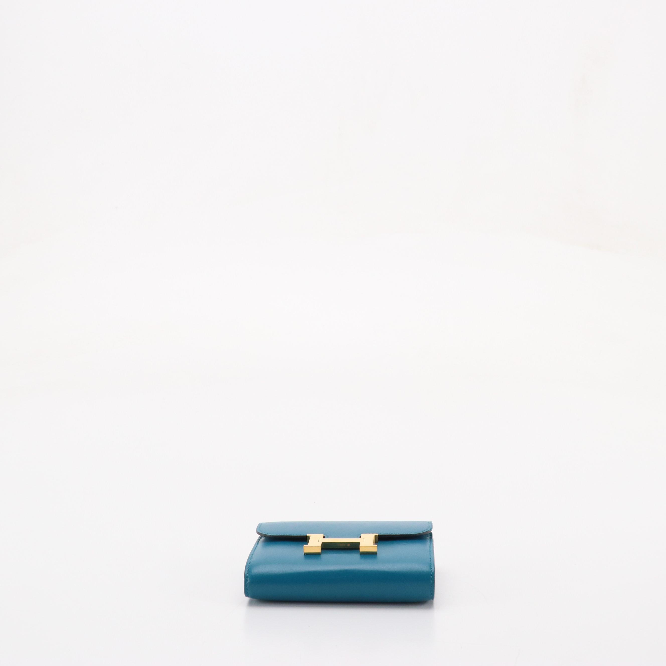 Hermès Constance Compact Wallet in Turquoise Smooth Calf Leather, With Box