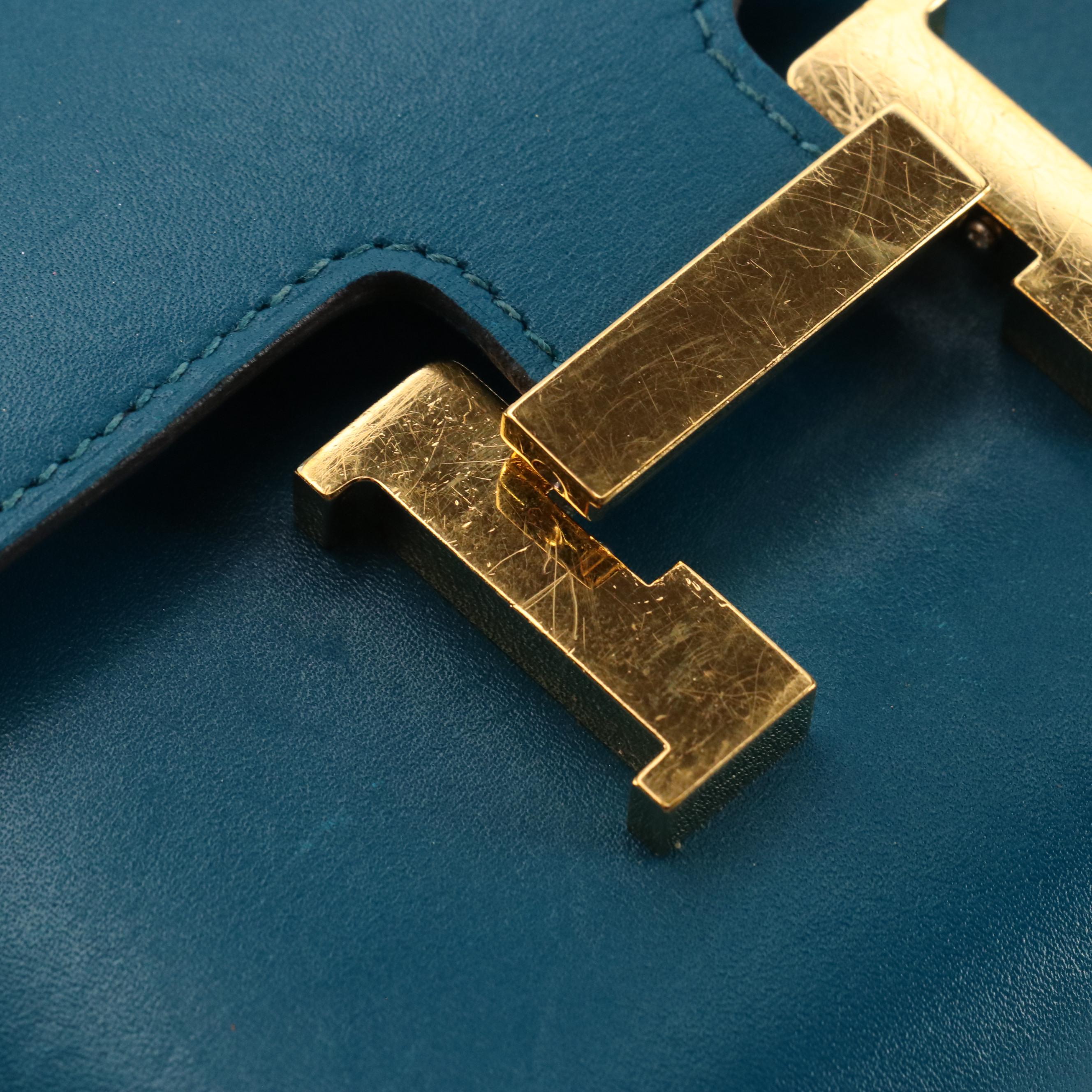 Hermès Constance Compact Wallet in Turquoise Smooth Calf Leather, With Box