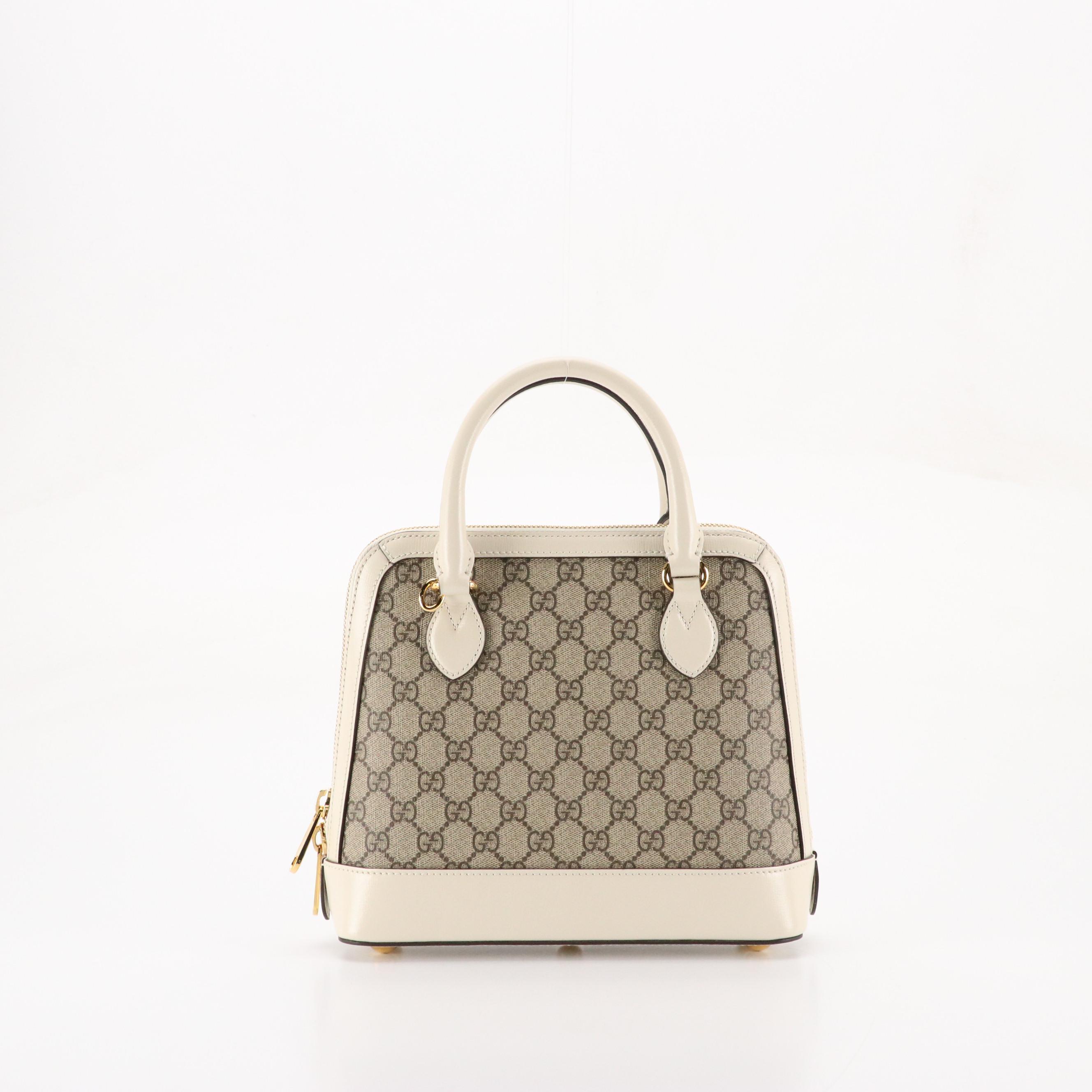 Gucci Zip Around Two-Way Horsebit Satchel in GG Supreme Canvas and White Leather