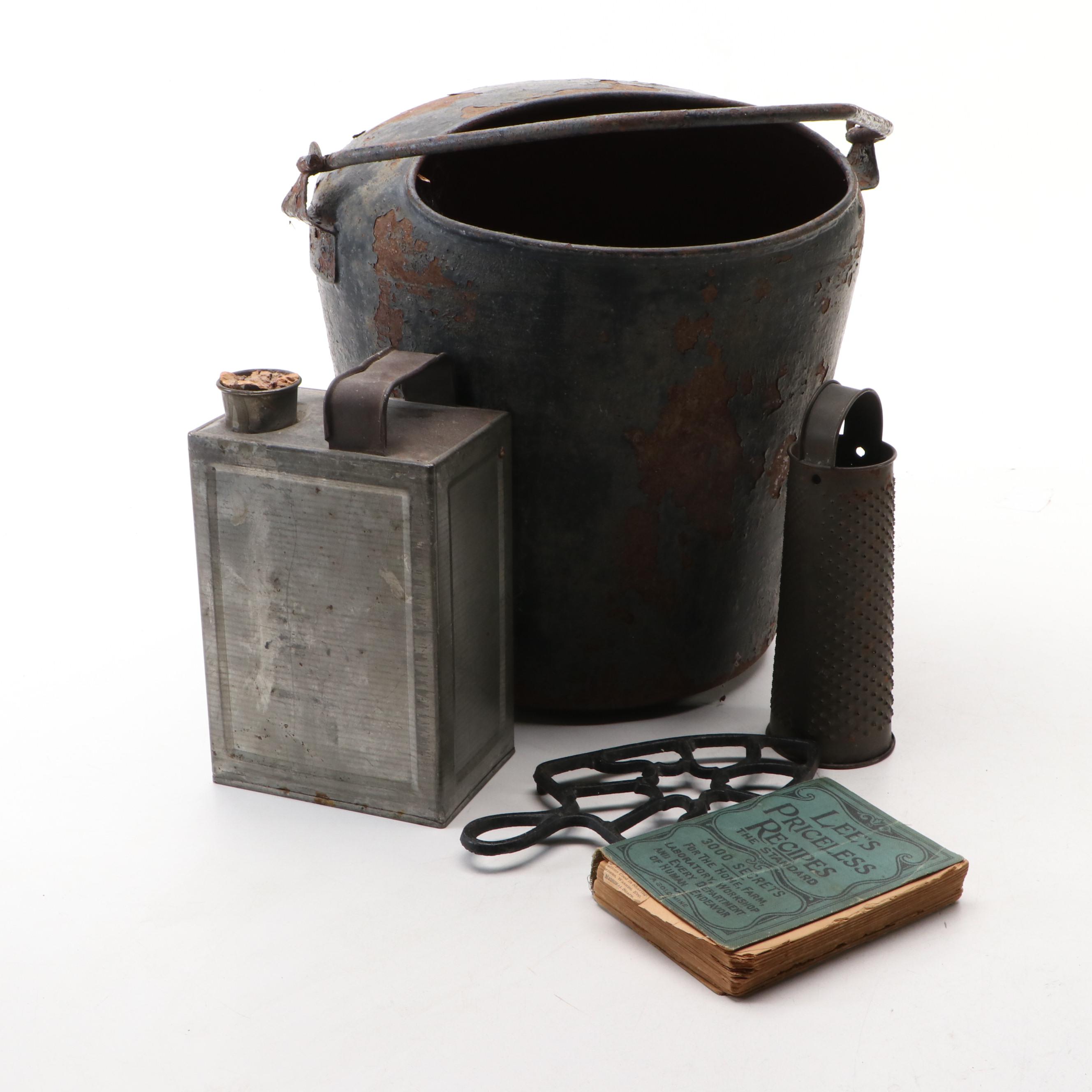 American Primitive Milking Pail with Cylindrical Metal Grater and Other Décor