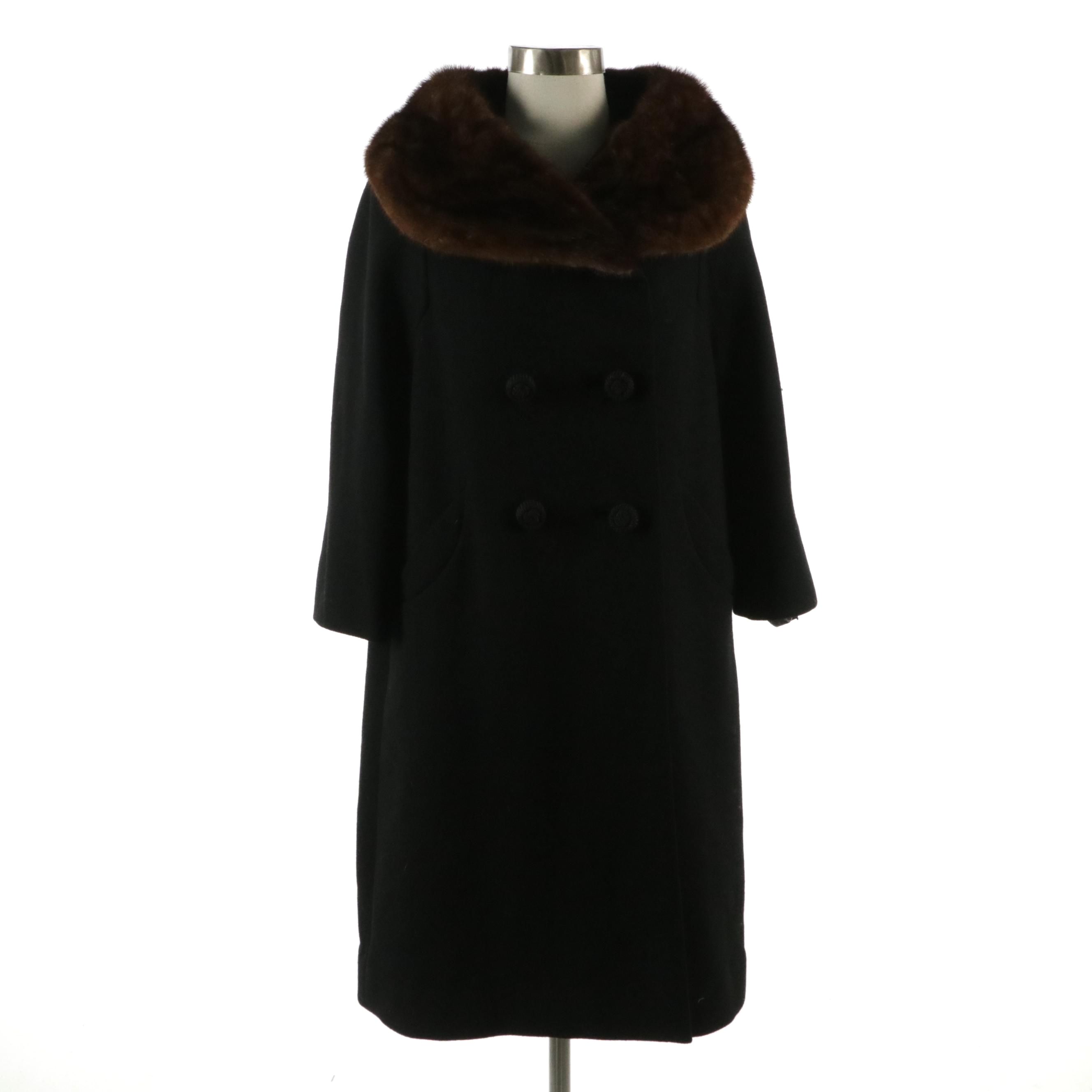 Benmor Mink Collar Double-Breasted Coat in Wool Voltaire, 1950s