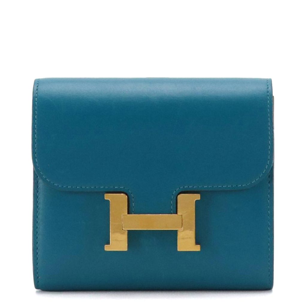 Hermès Constance Compact Wallet in Turquoise Smooth Calf Leather, With Box