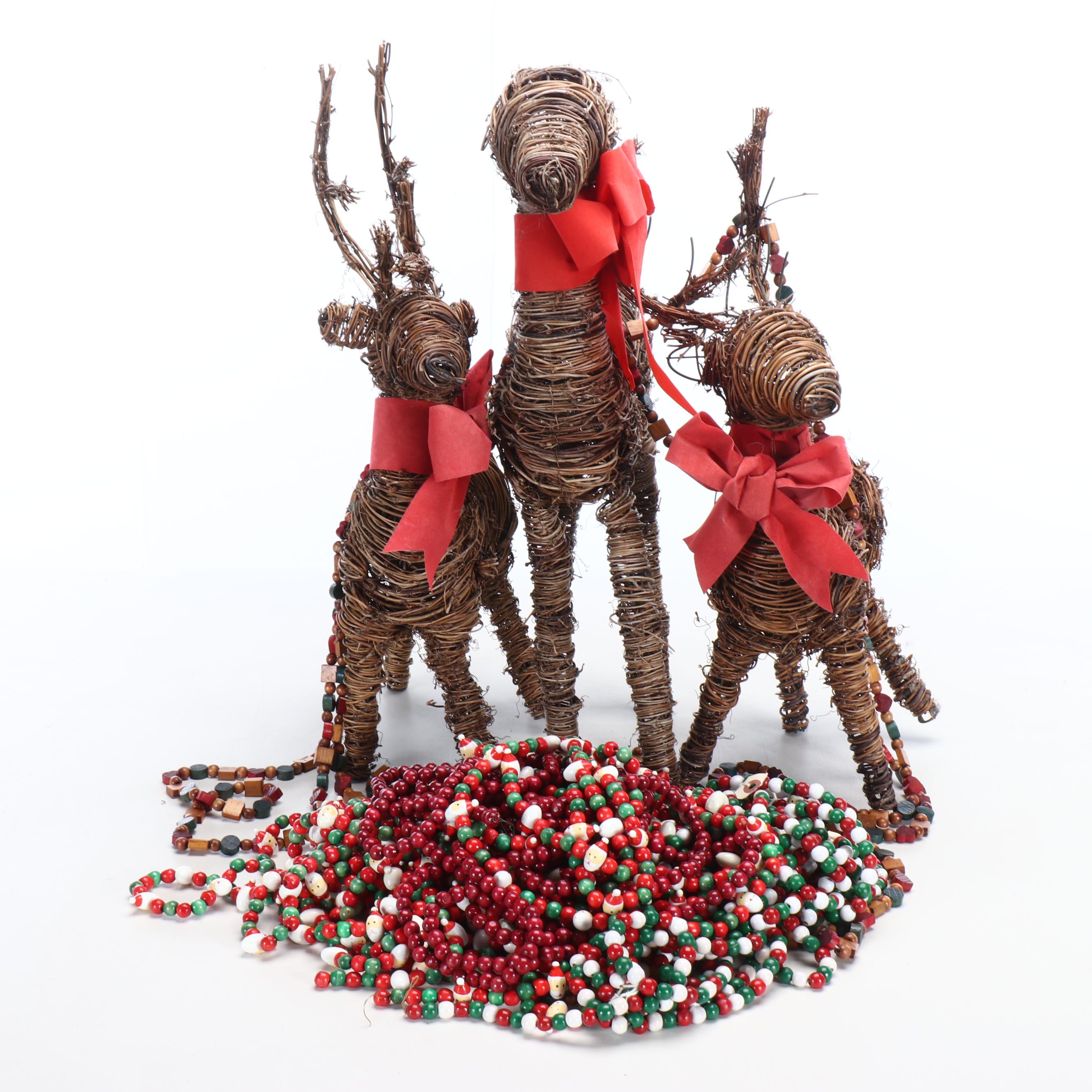 Folk Art Style Woven Reindeer with Wooden Garland