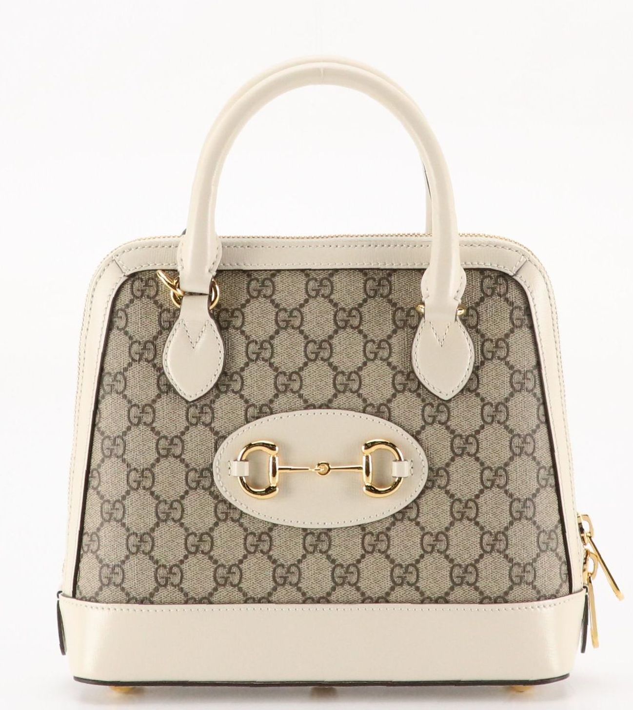 Gucci Zip Around Two-Way Horsebit Satchel in GG Supreme Canvas and White Leather