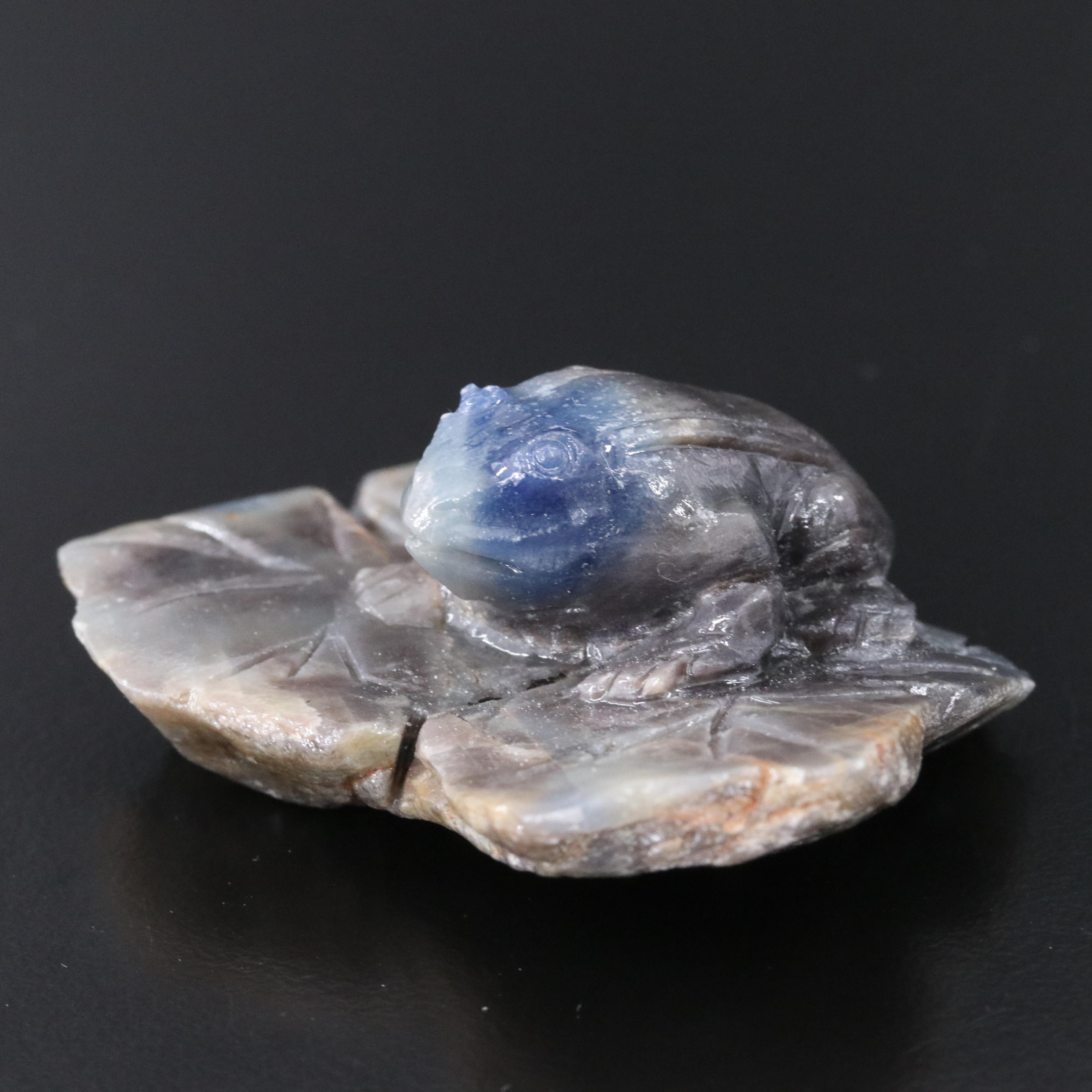 Carved Sapphire Frog on Leaf Figurine