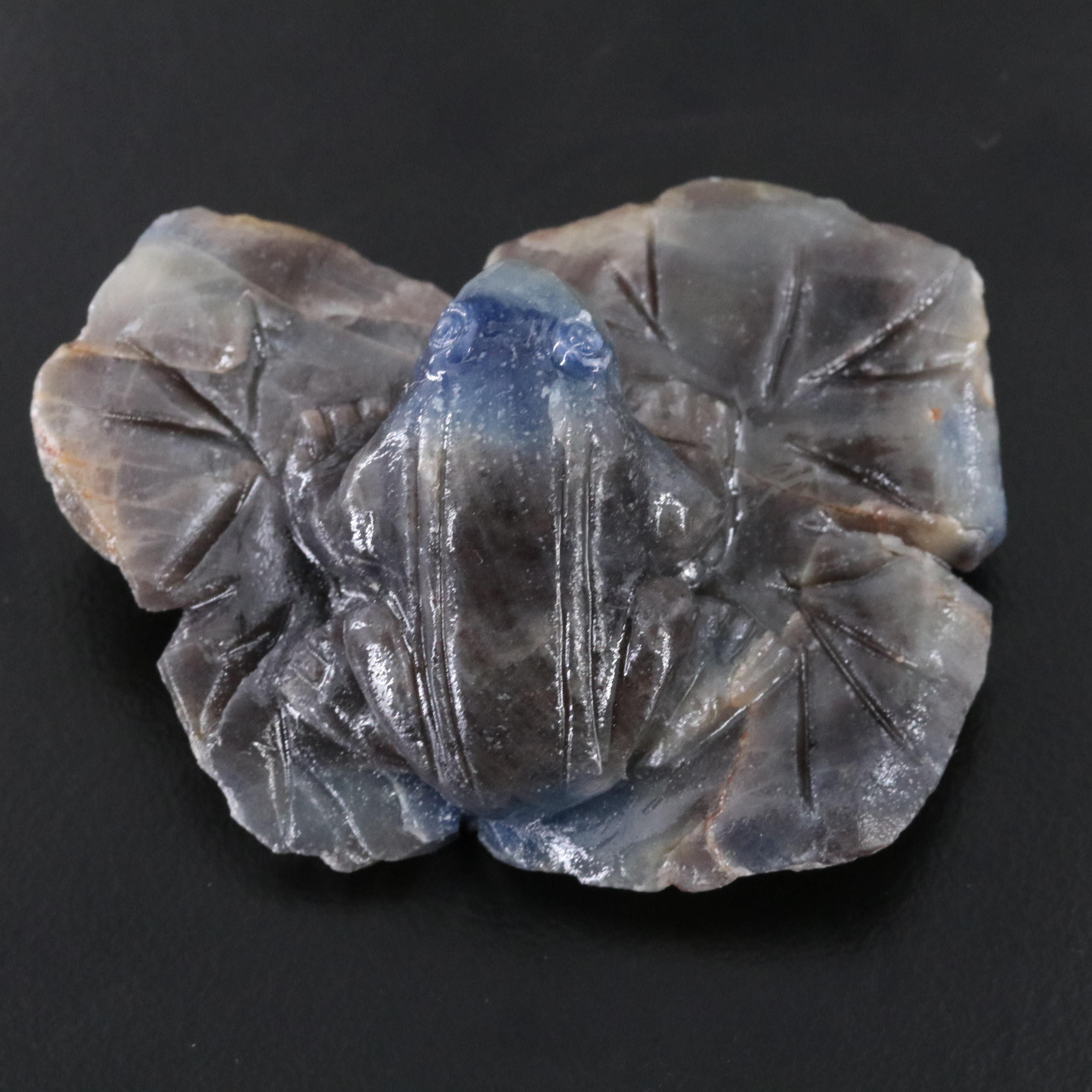 Carved Sapphire Frog on Leaf Figurine