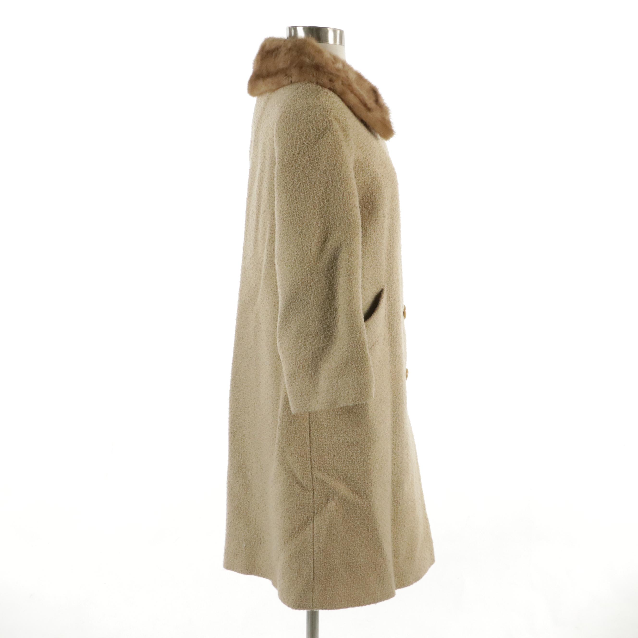 Pioneer Coat Company Mink Collar Coat in Nubby Wool, Early 1960s