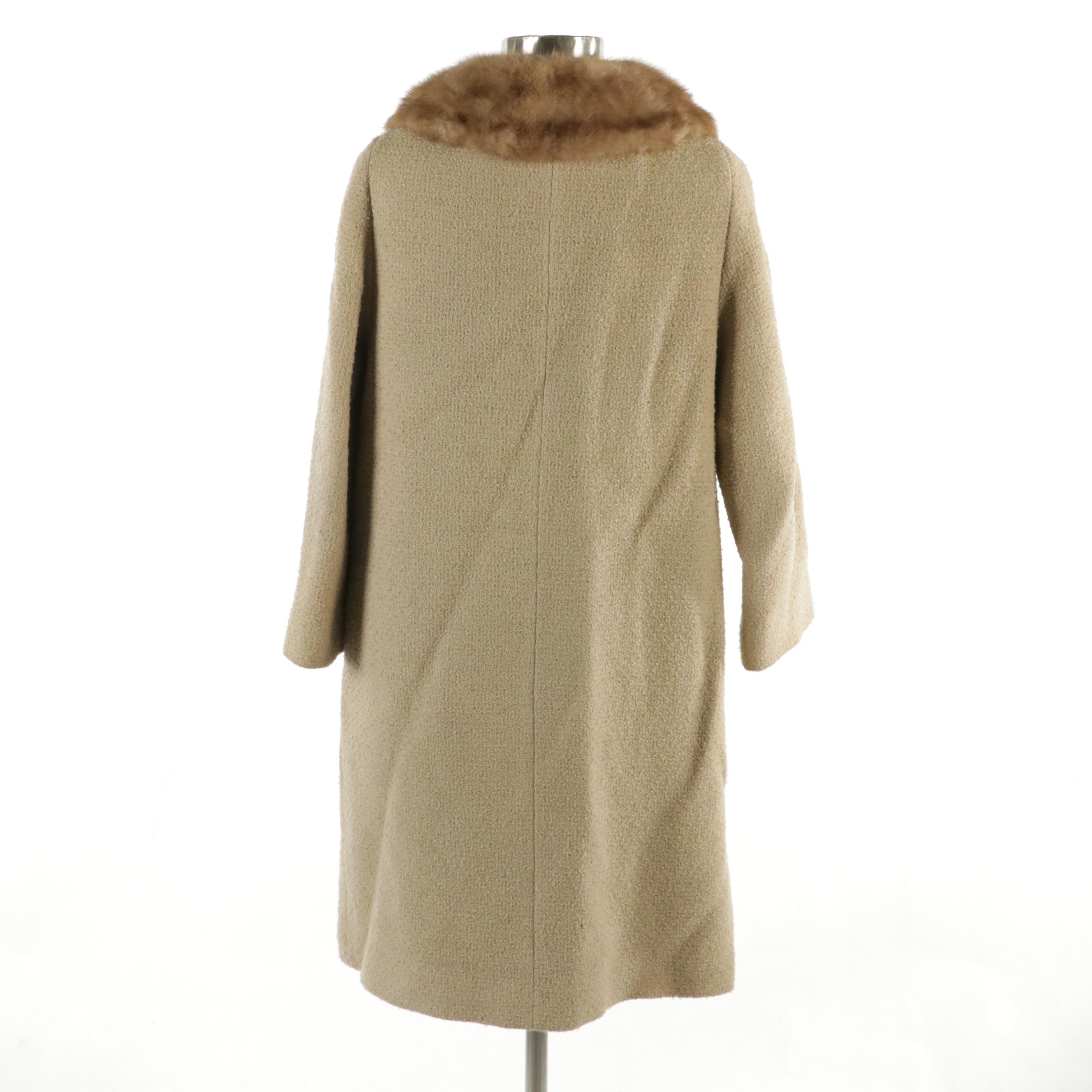 Pioneer Coat Company Mink Collar Coat in Nubby Wool, Early 1960s