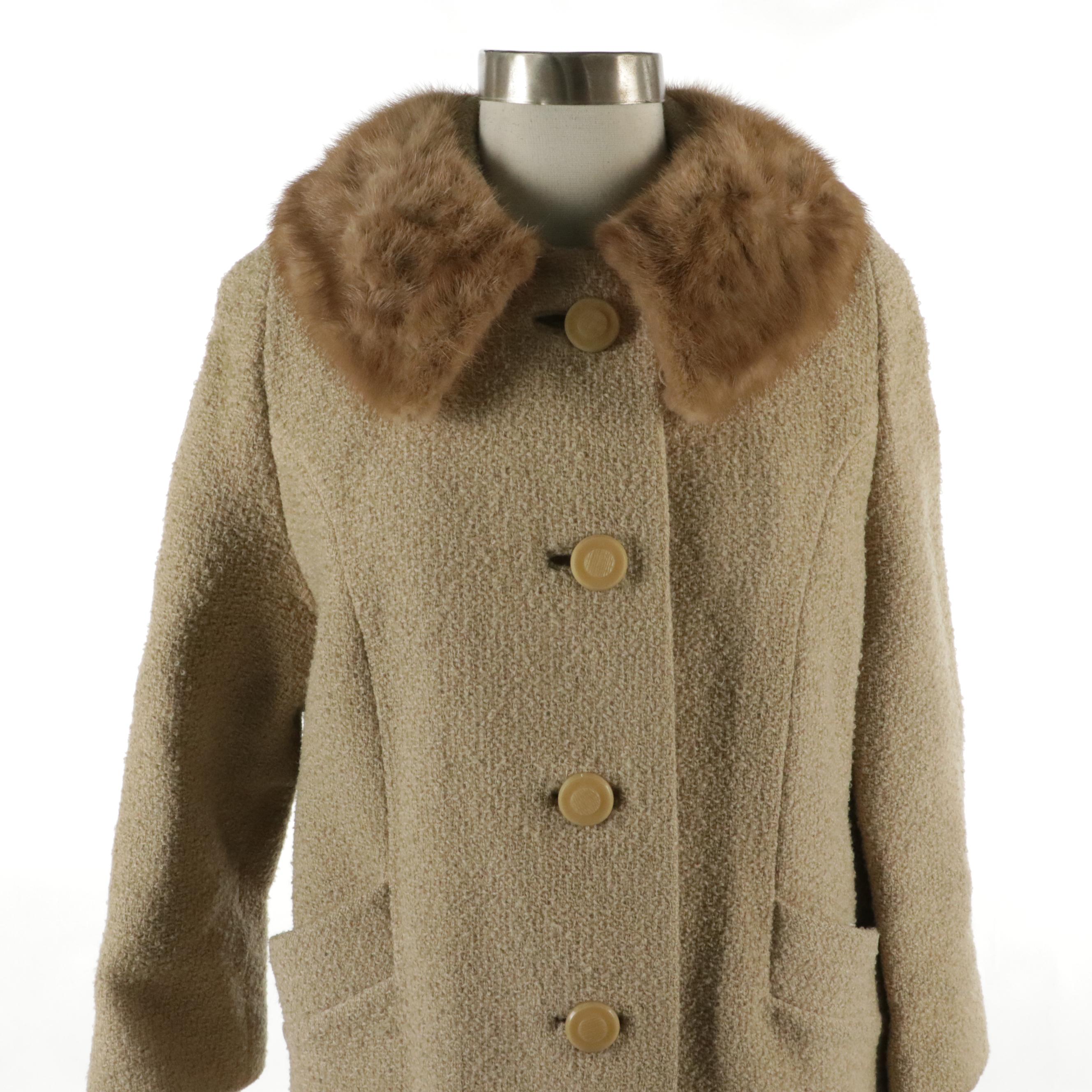 Pioneer Coat Company Mink Collar Coat in Nubby Wool, Early 1960s