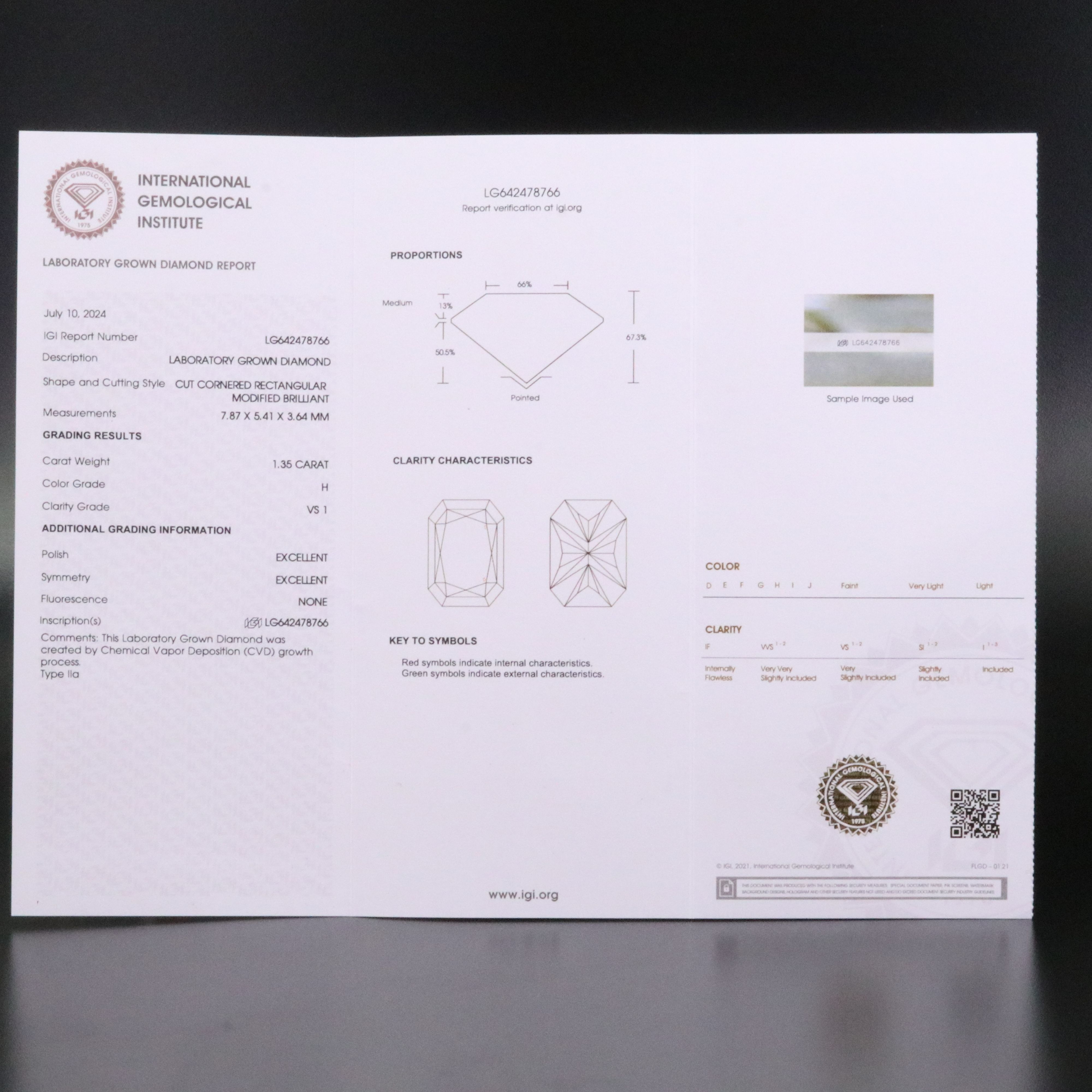 Loose 1.35 CT Lab Grown Diamond with IGI Report