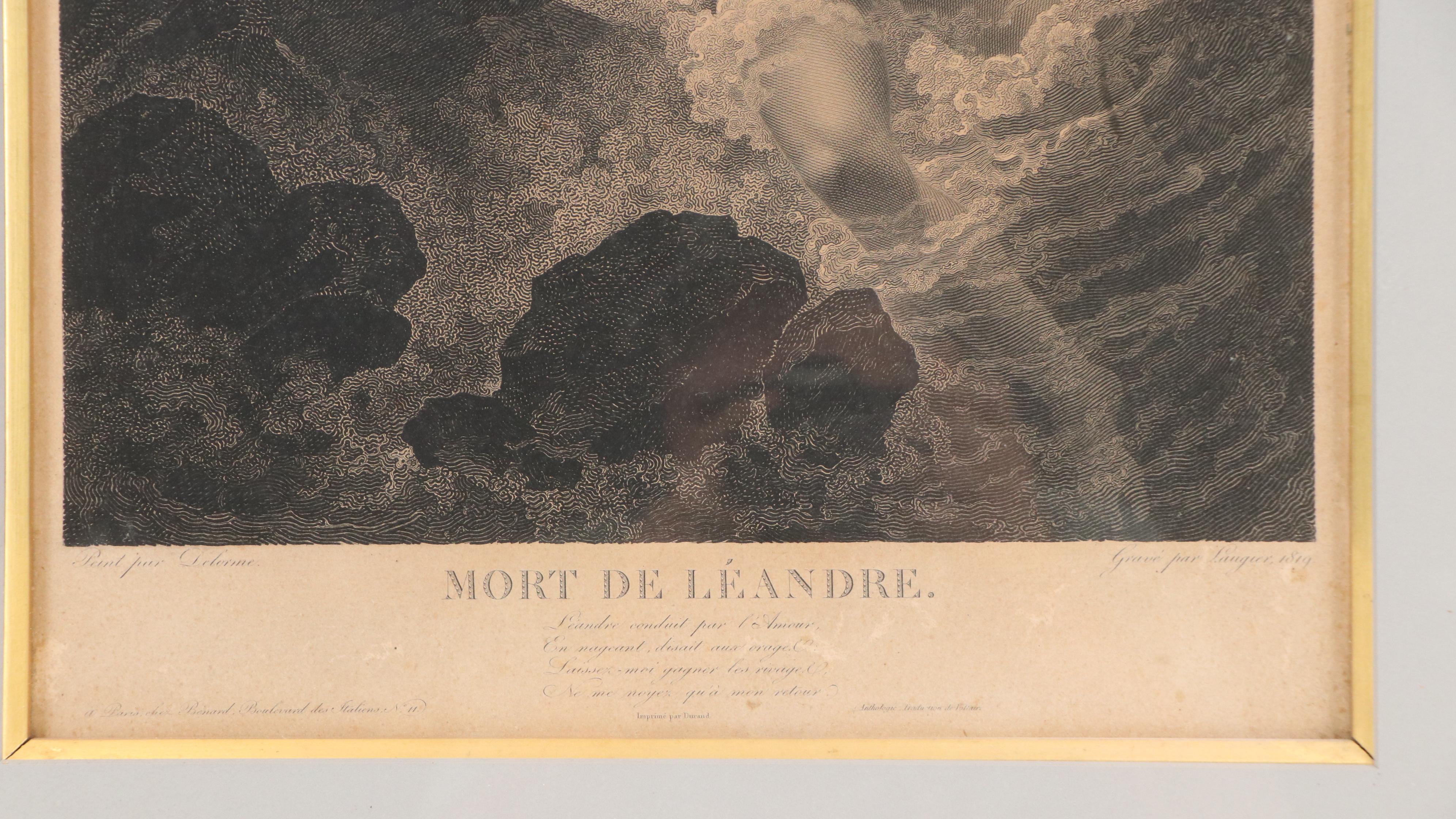Laugier Engraving After Pierre Delorme "Mort de Léandre," 1819
