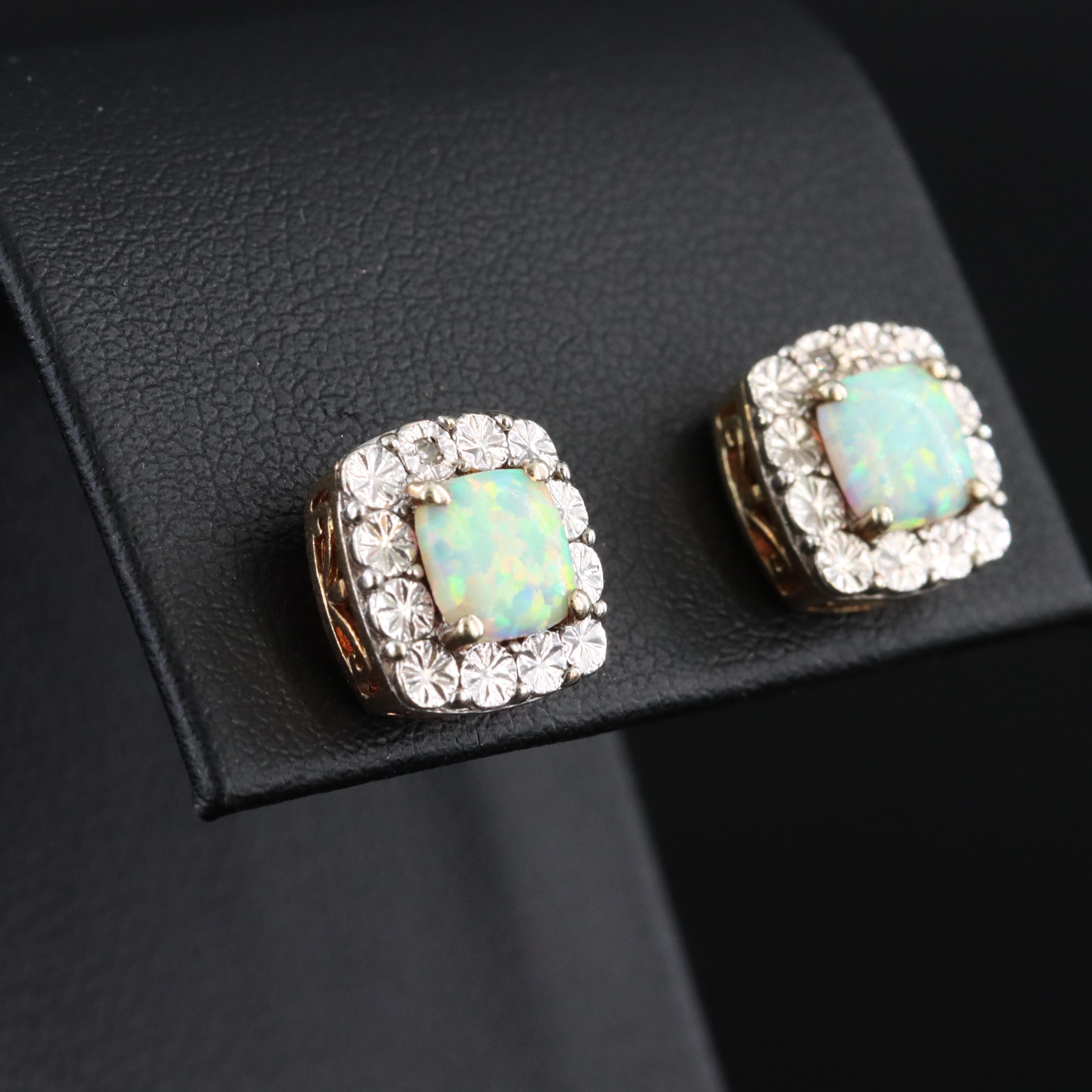 Veronese Sterling Lab Grown Opal and Diamond Stud Earrings