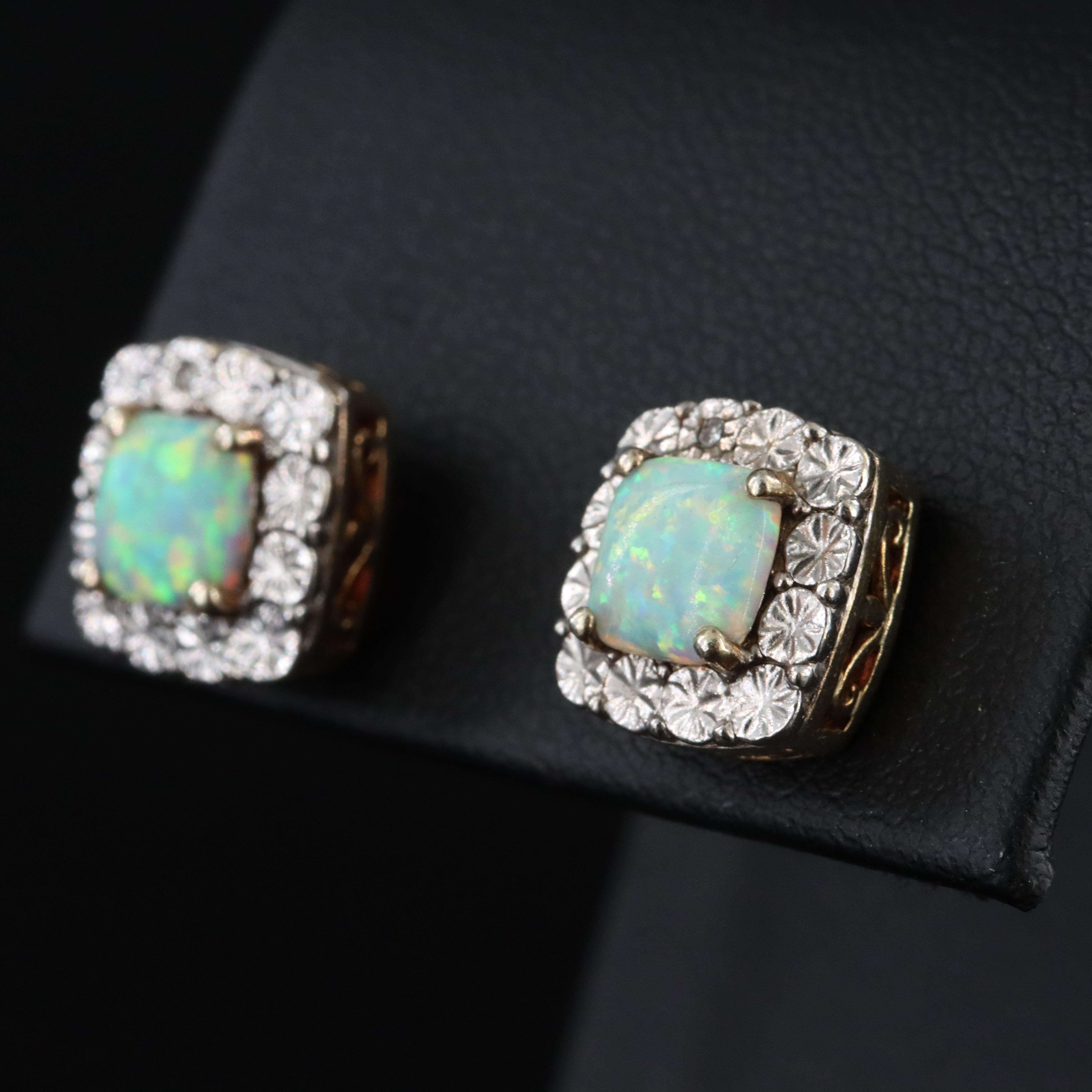 Veronese Sterling Lab Grown Opal and Diamond Stud Earrings