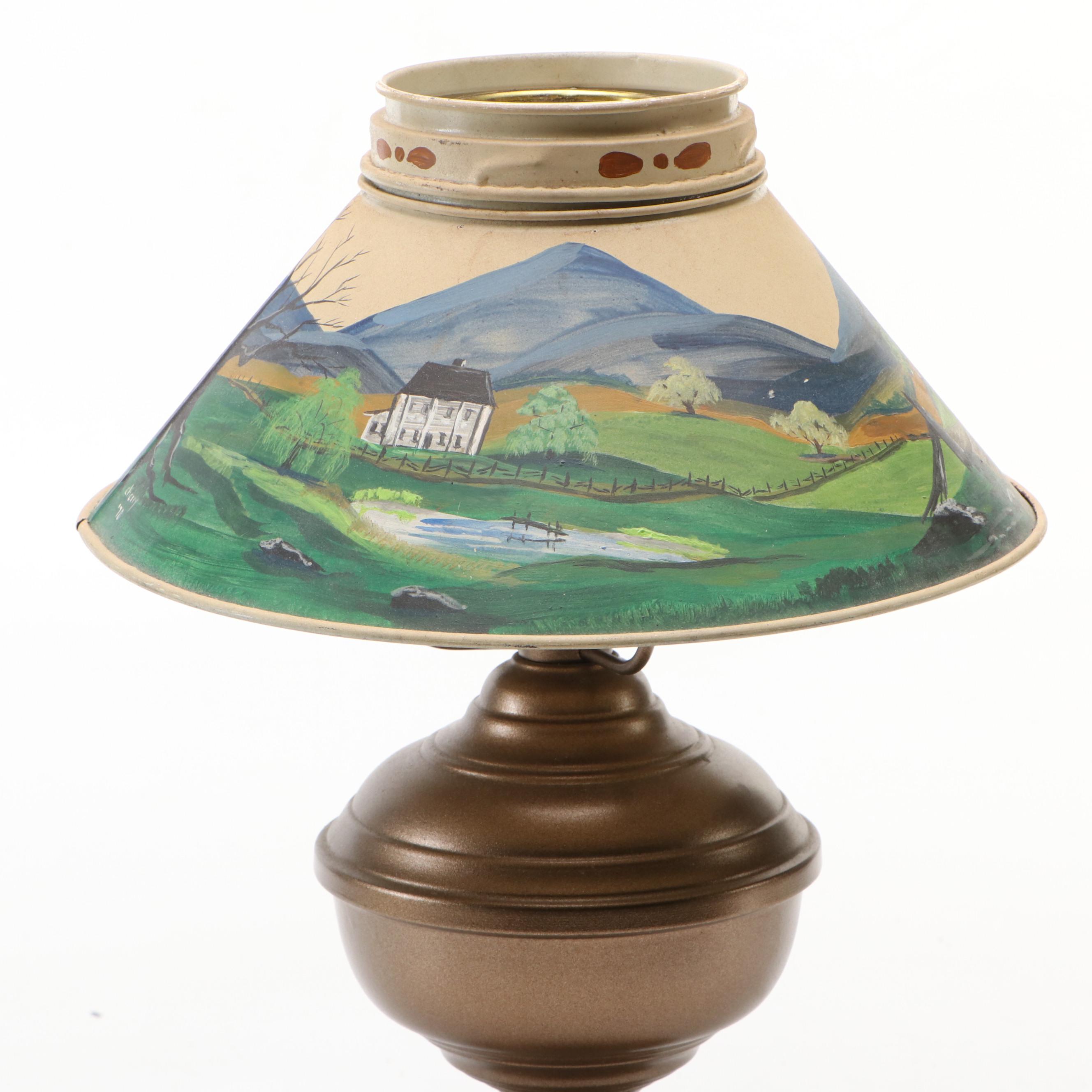 Victorian Style Metal Lamp with Hand-Painted Farmland Scene Tole Lampshade