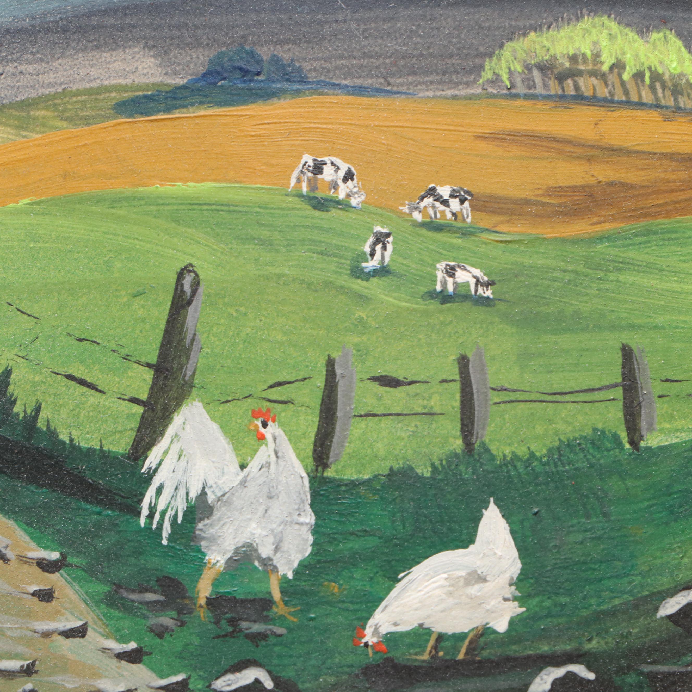 Victorian Style Metal Lamp with Hand-Painted Farmland Scene Tole Lampshade