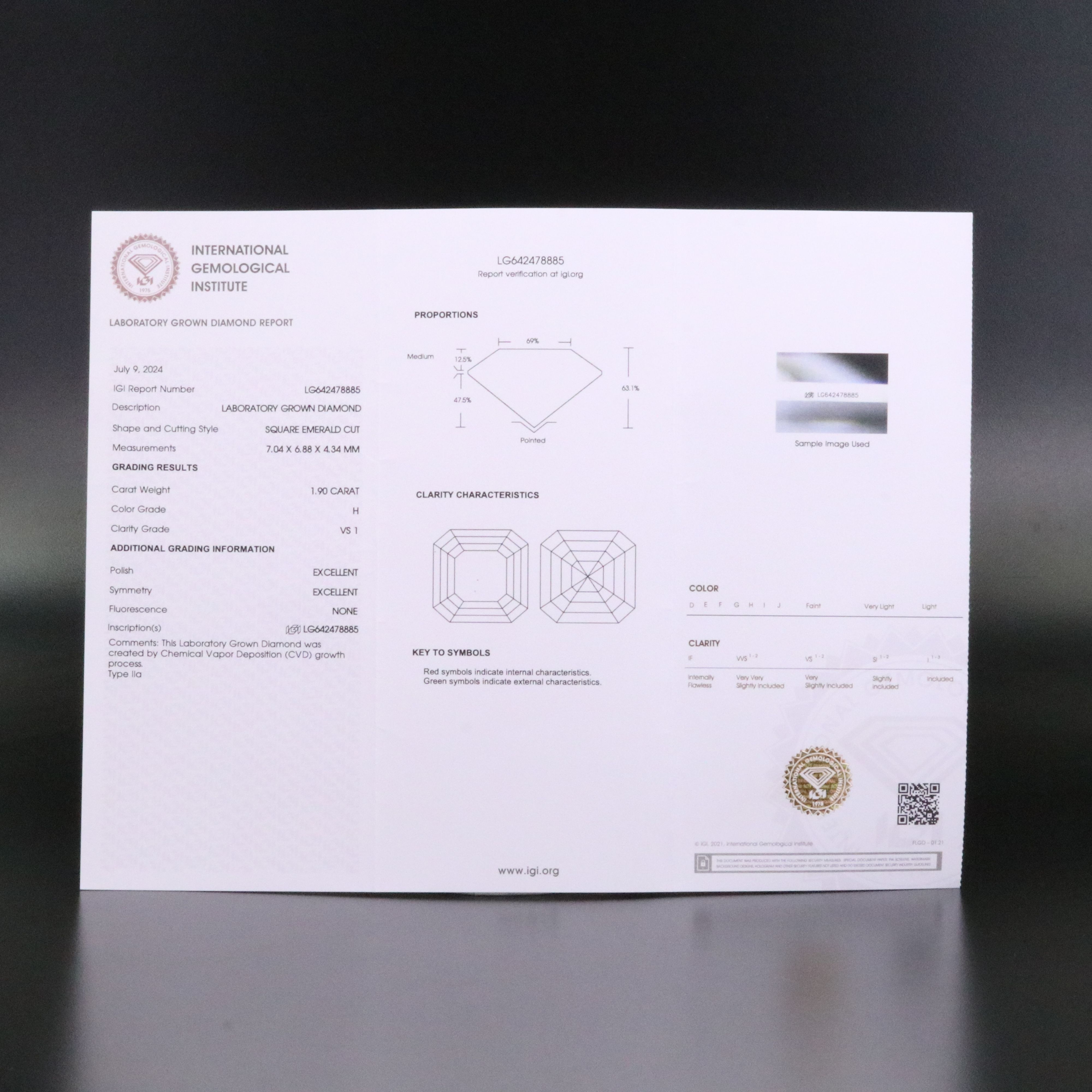 Loose 1.90 CT Lab Grown Diamond with IGI Report