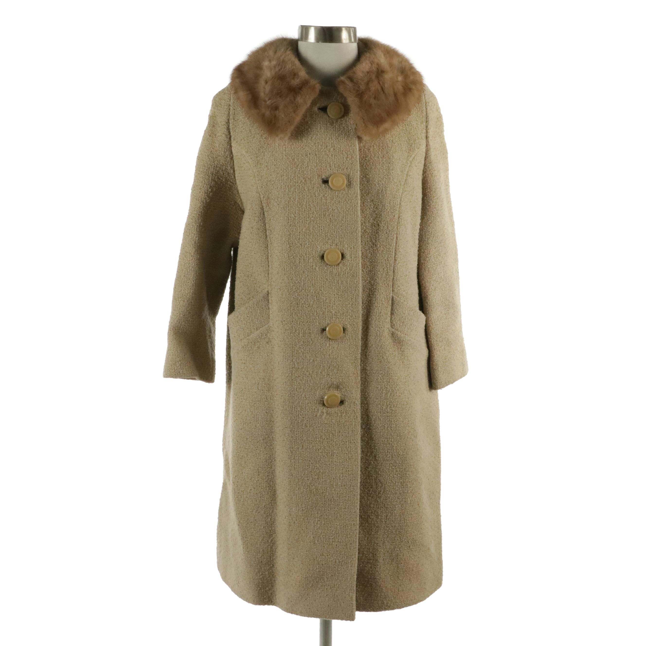 Pioneer Coat Company Mink Collar Coat in Nubby Wool, Early 1960s