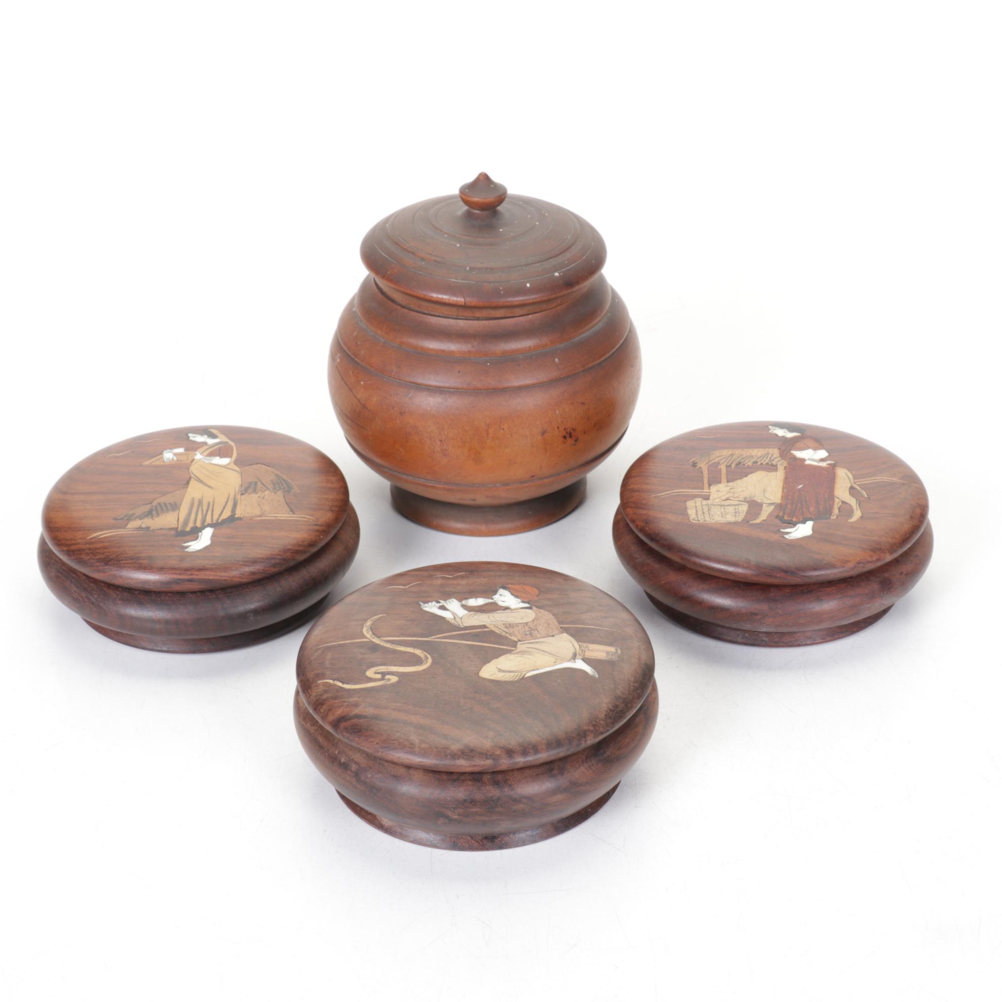 Four Hand-Crafted Turned Wood Lidded Boxes