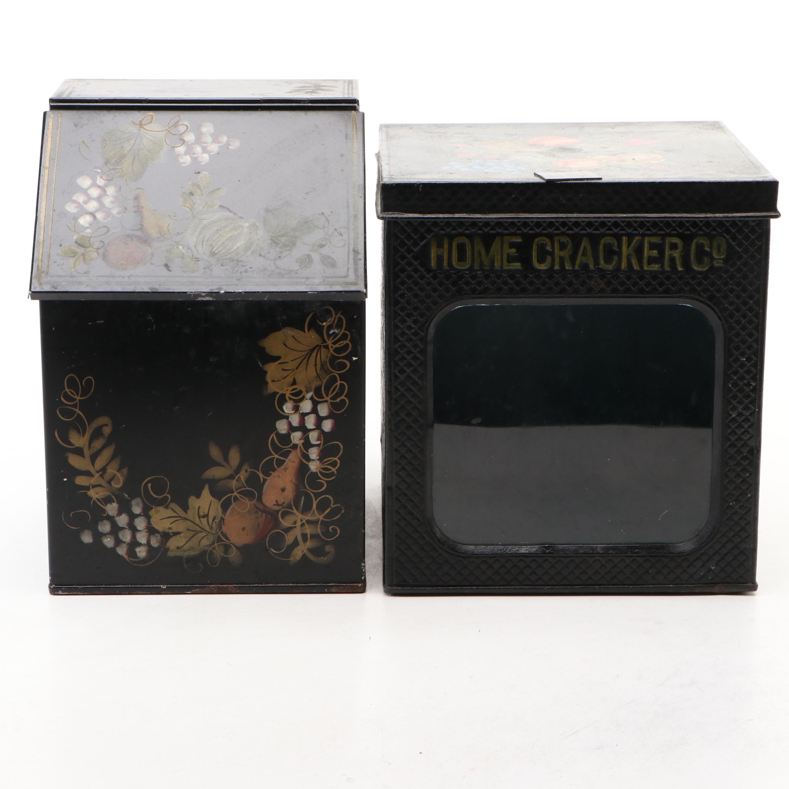 Hand-Painted Metal Tea Box with Glass Front Biscuit Container