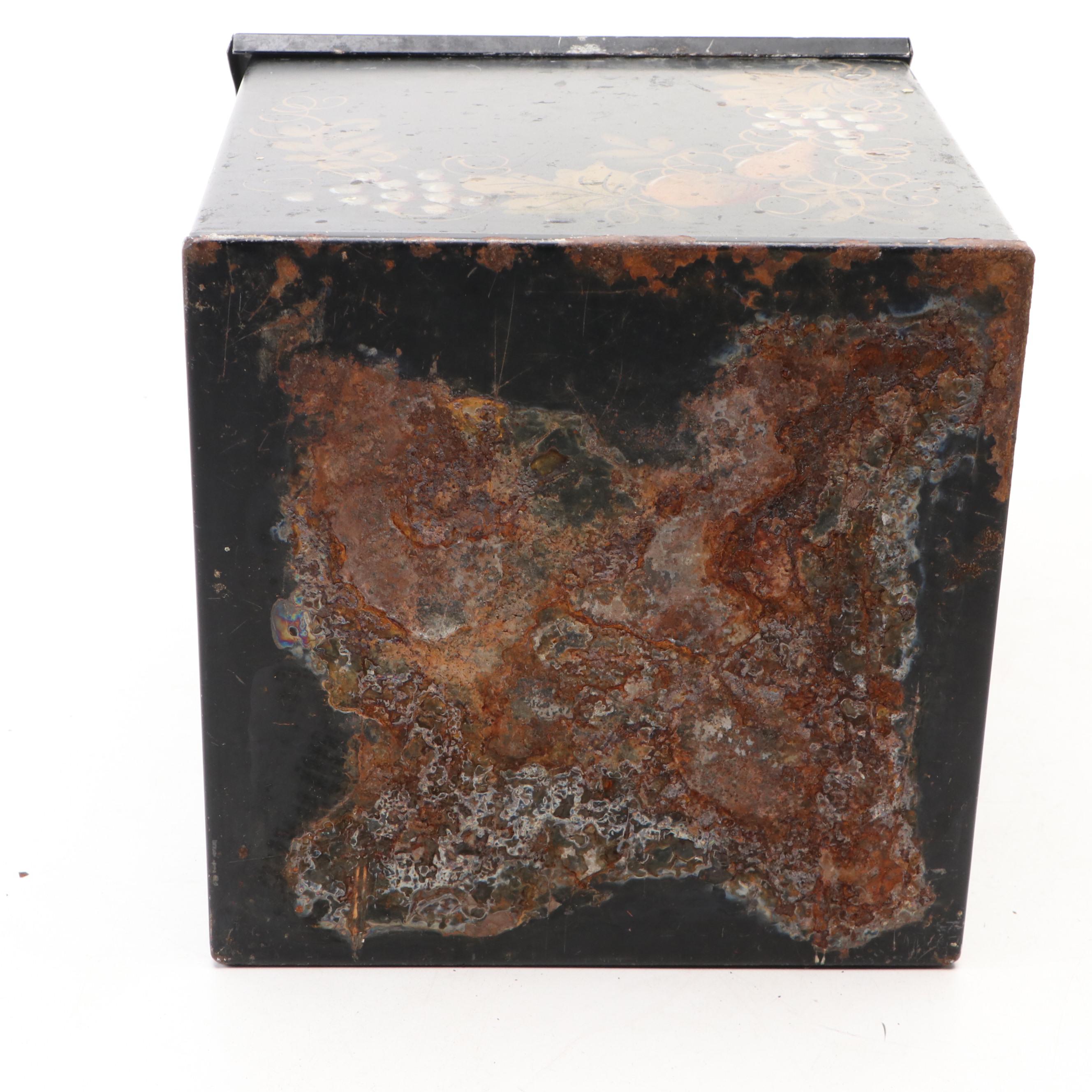 Hand-Painted Metal Tea Box with Glass Front Biscuit Container