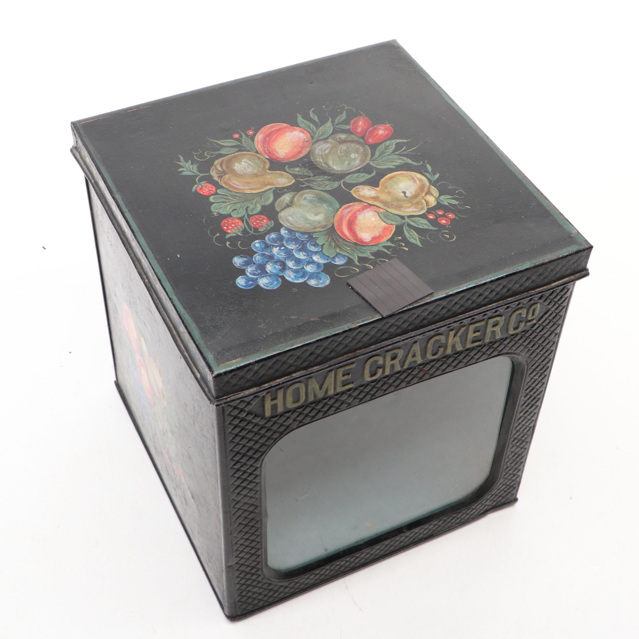 Hand-Painted Metal Tea Box with Glass Front Biscuit Container