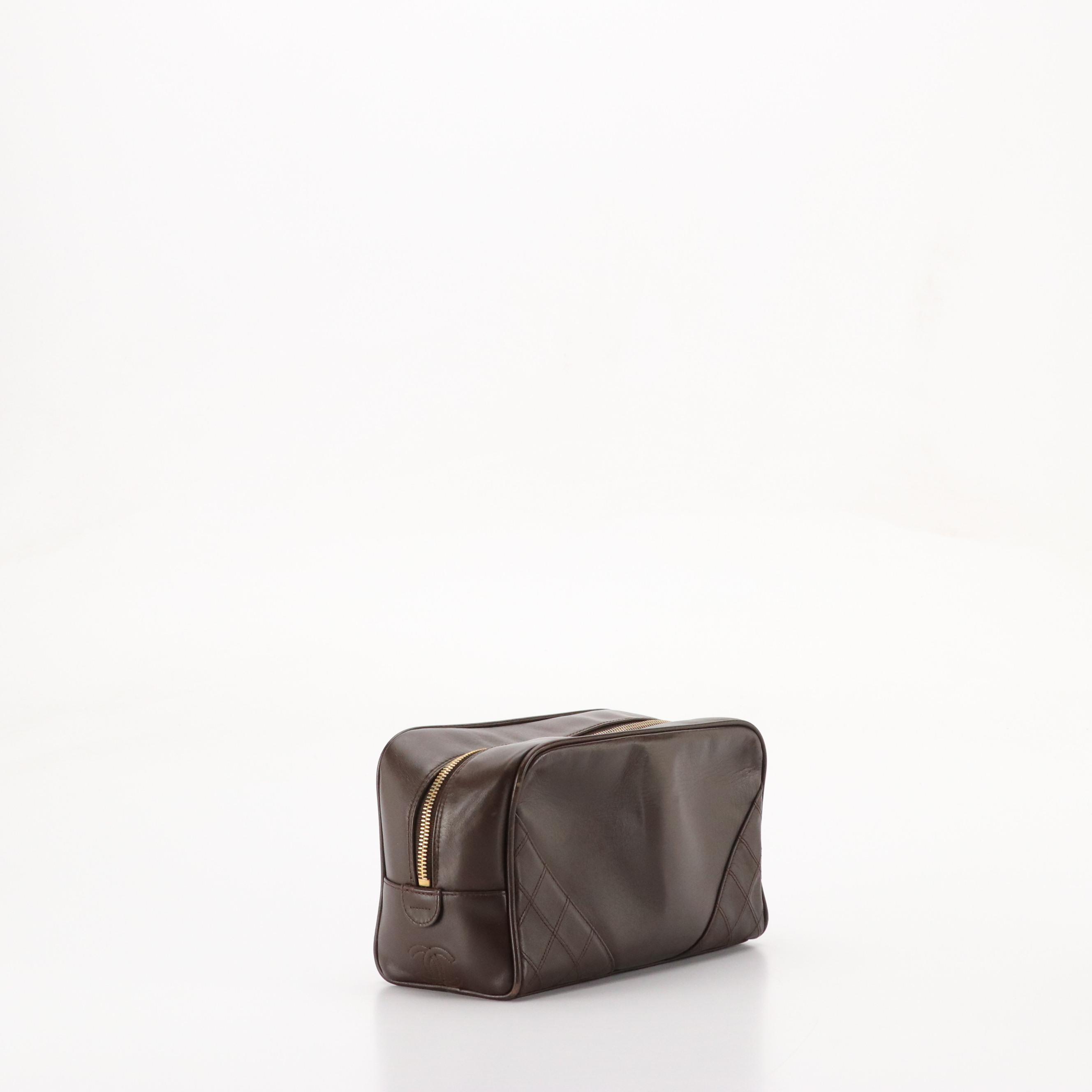 Chanel Zip-Around Vanity Case in Chocolate Brown Calfskin with Quilted Accents