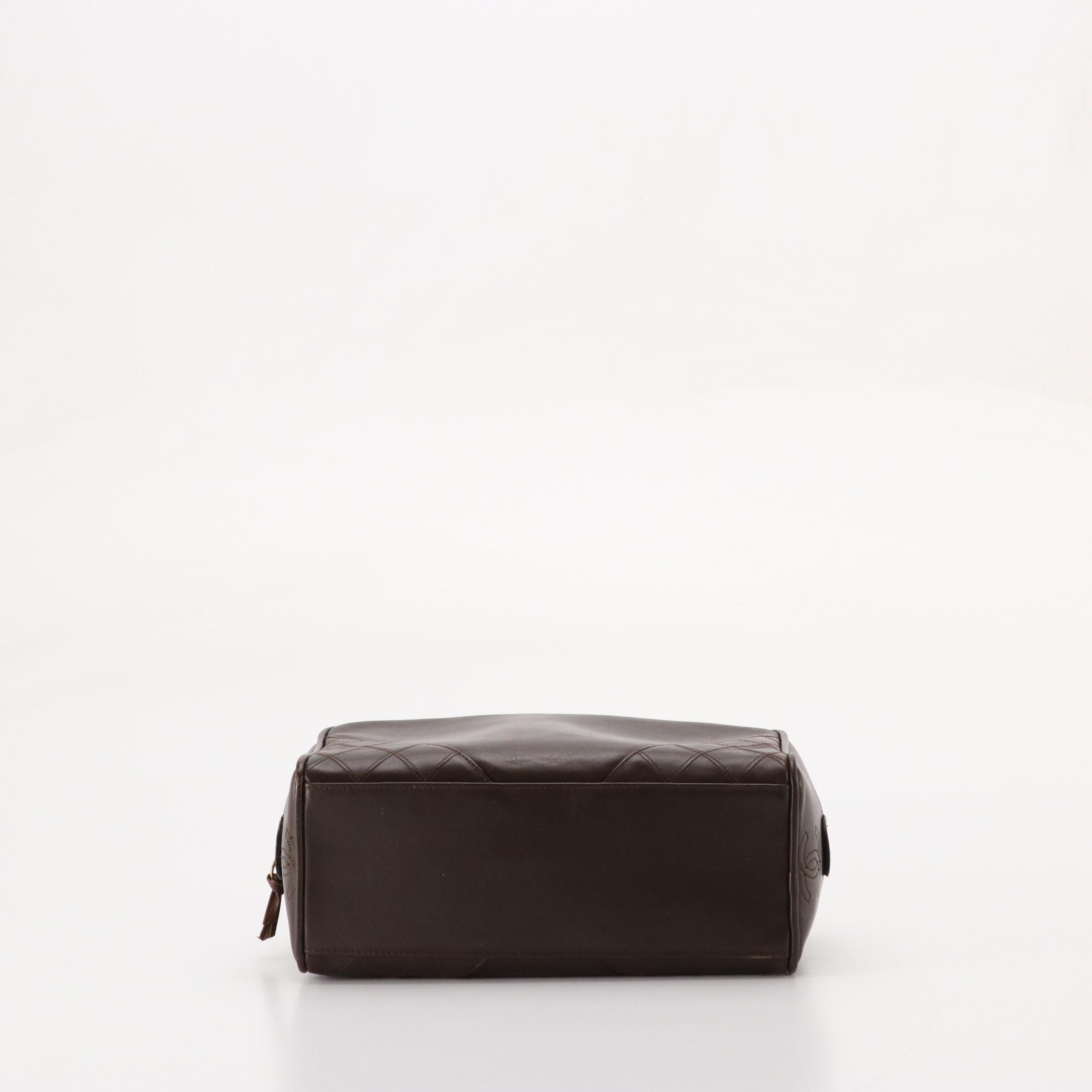 Chanel Zip-Around Vanity Case in Chocolate Brown Calfskin with Quilted Accents