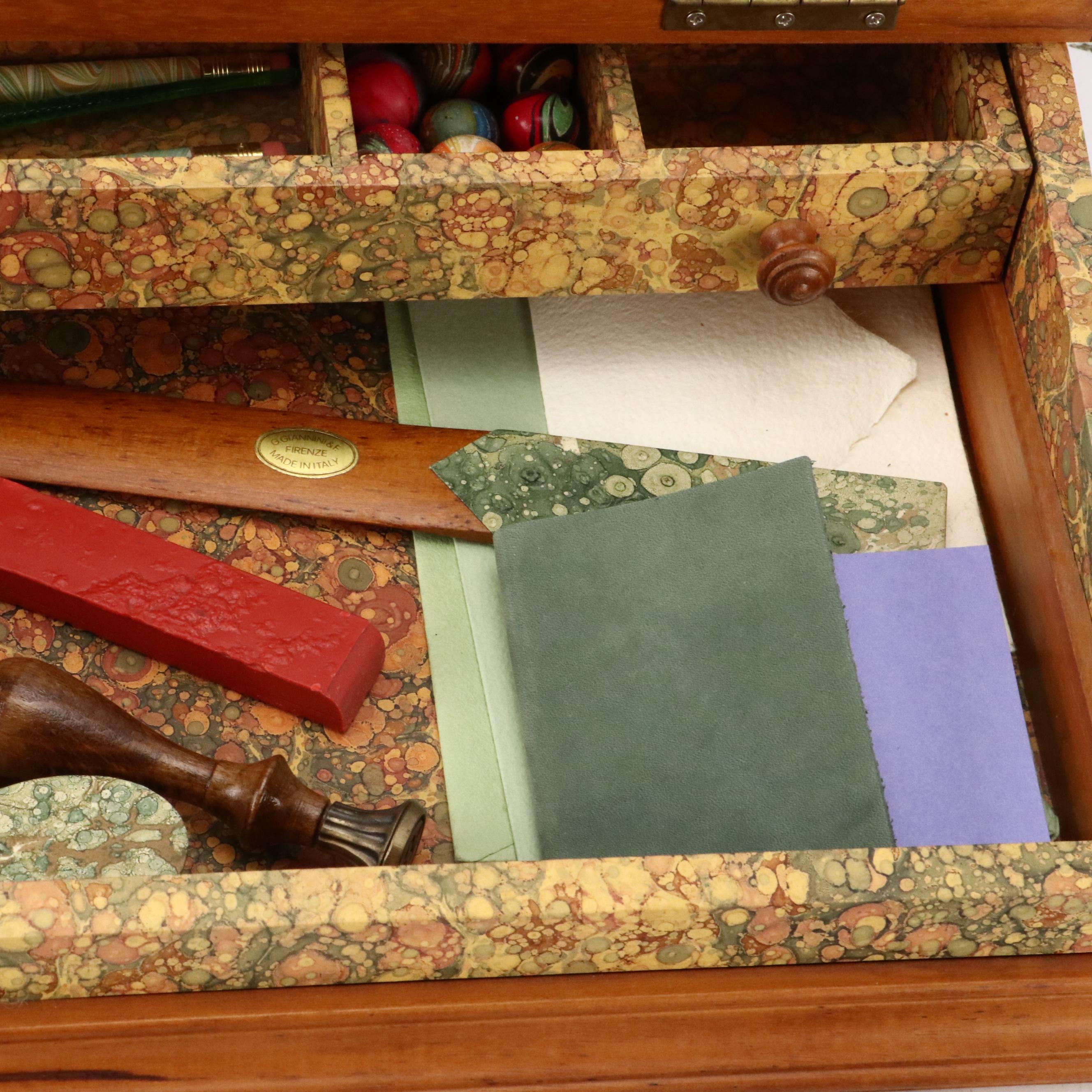 Marbled Paper Covered Slant Front Box with Other Office Accessories