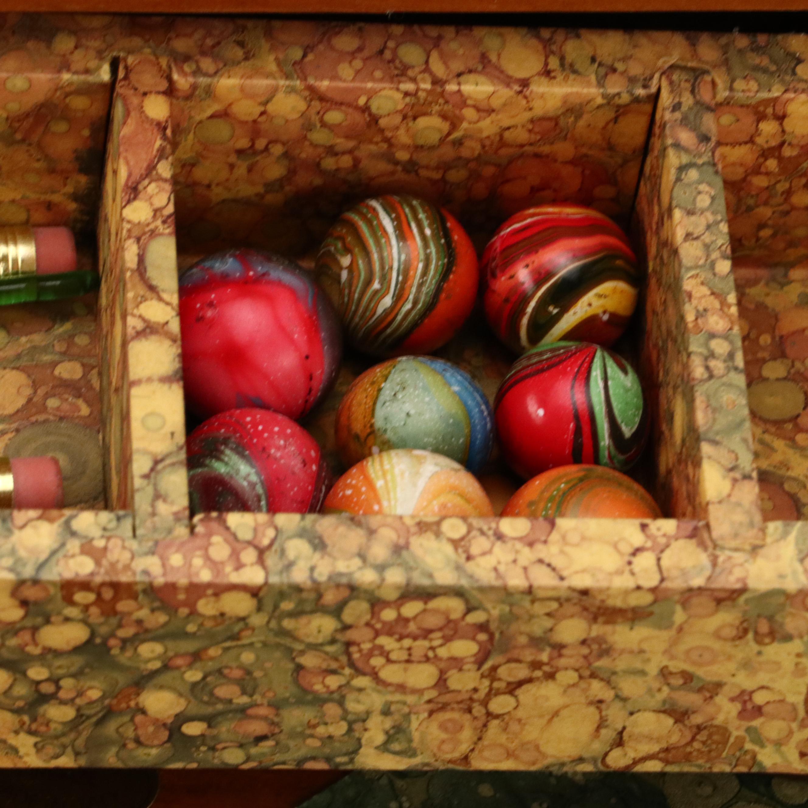 Marbled Paper Covered Slant Front Box with Other Office Accessories