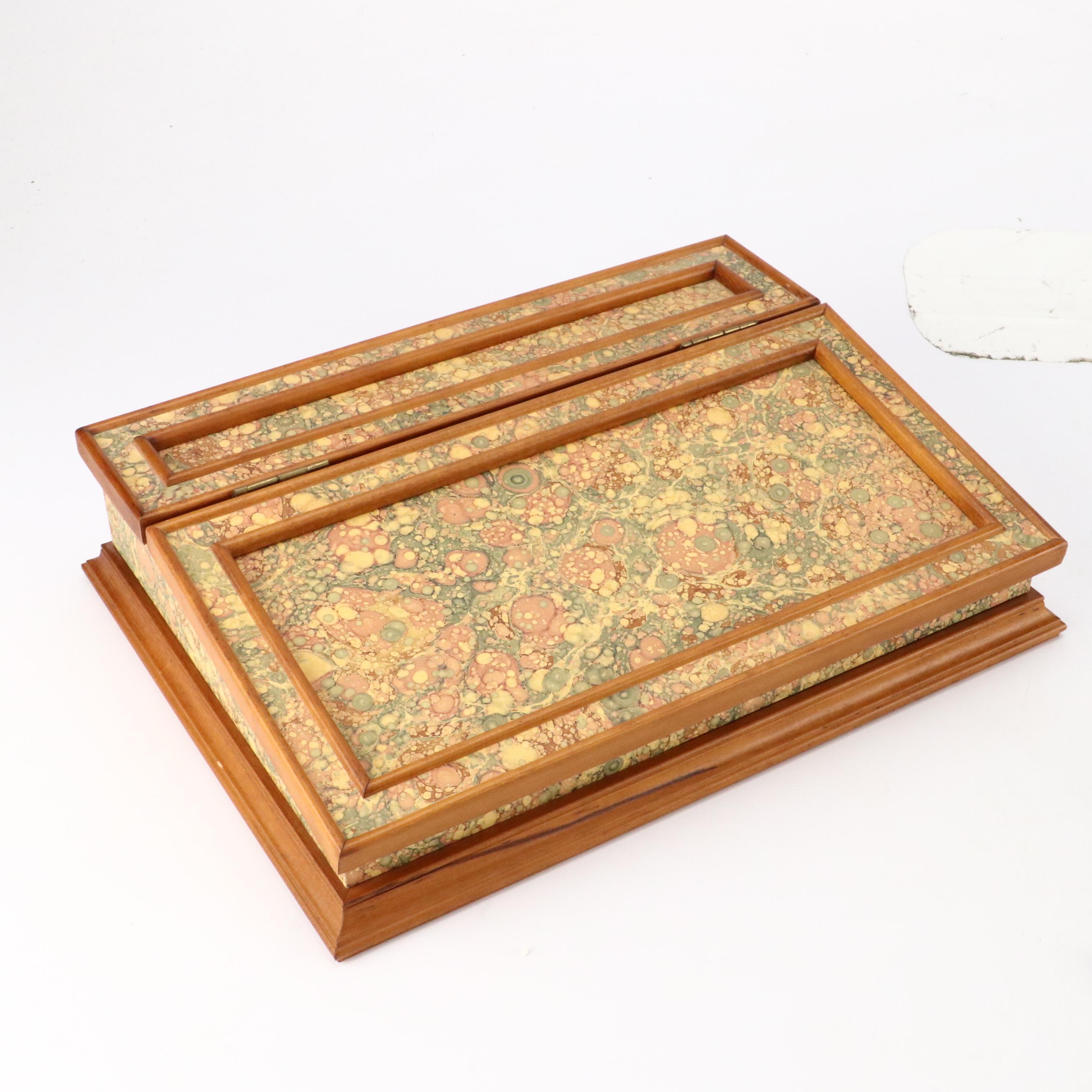 Marbled Paper Covered Slant Front Box with Other Office Accessories