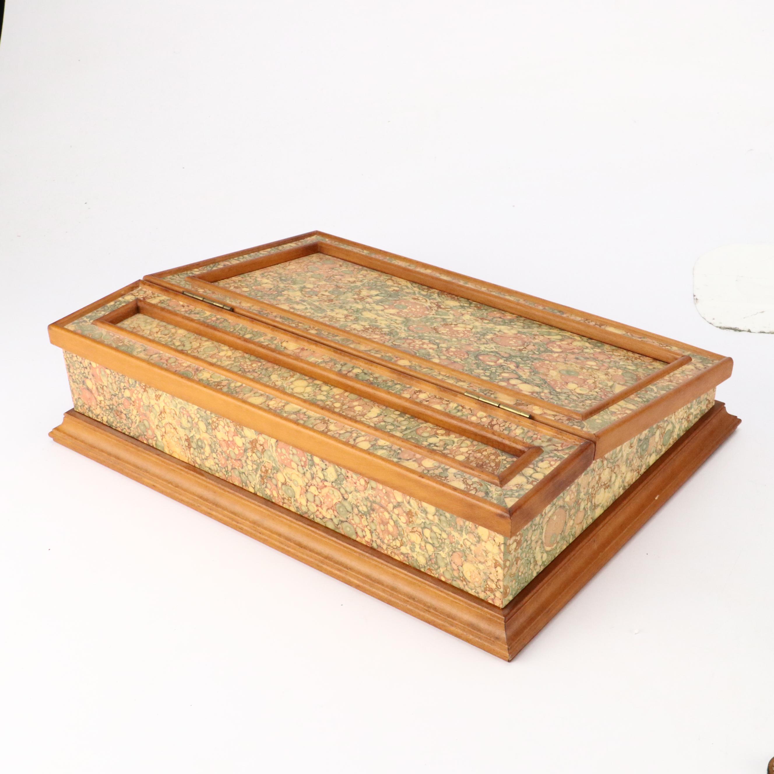 Marbled Paper Covered Slant Front Box with Other Office Accessories