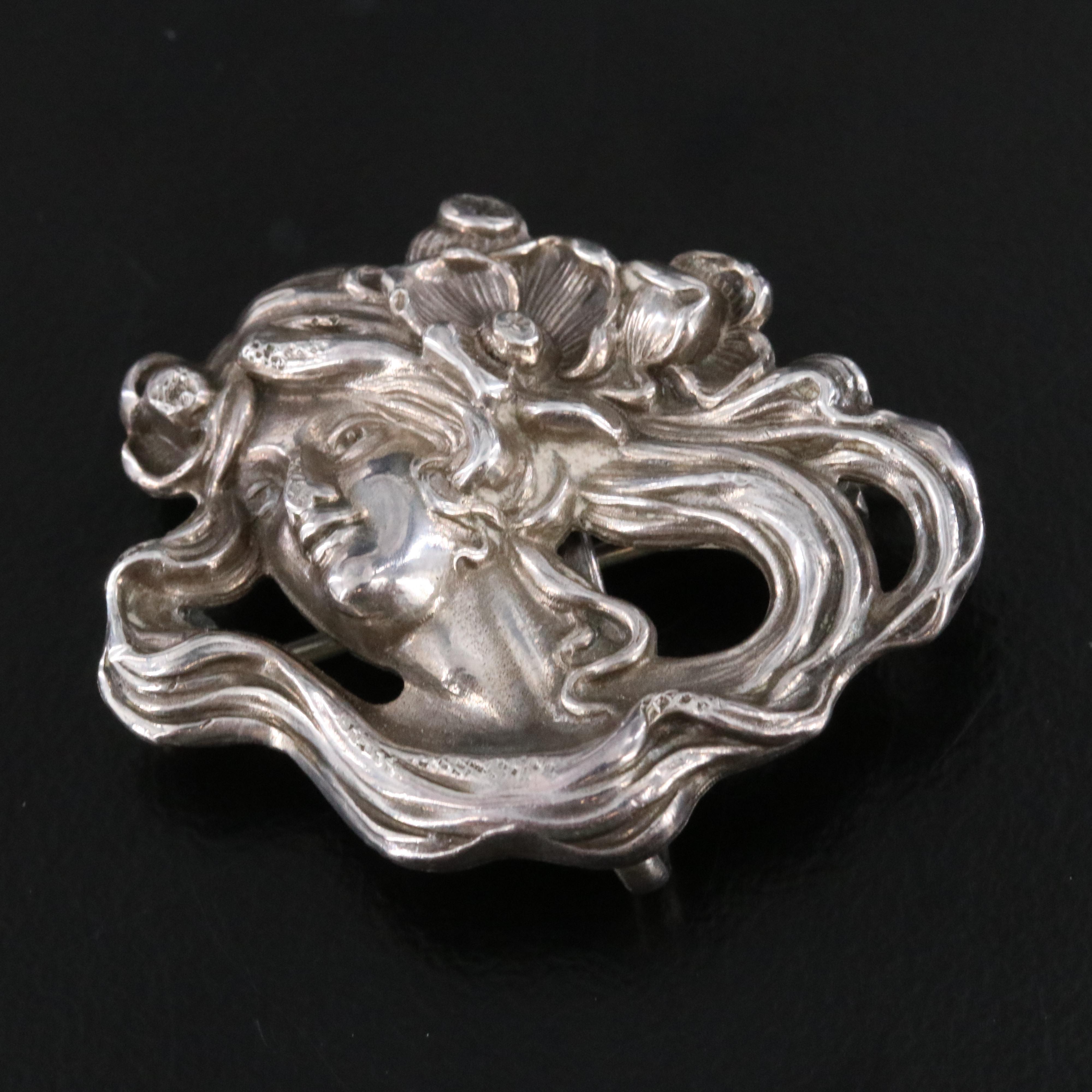 Art Nouveau Sterling Necklace and Brooch with Watch Hook