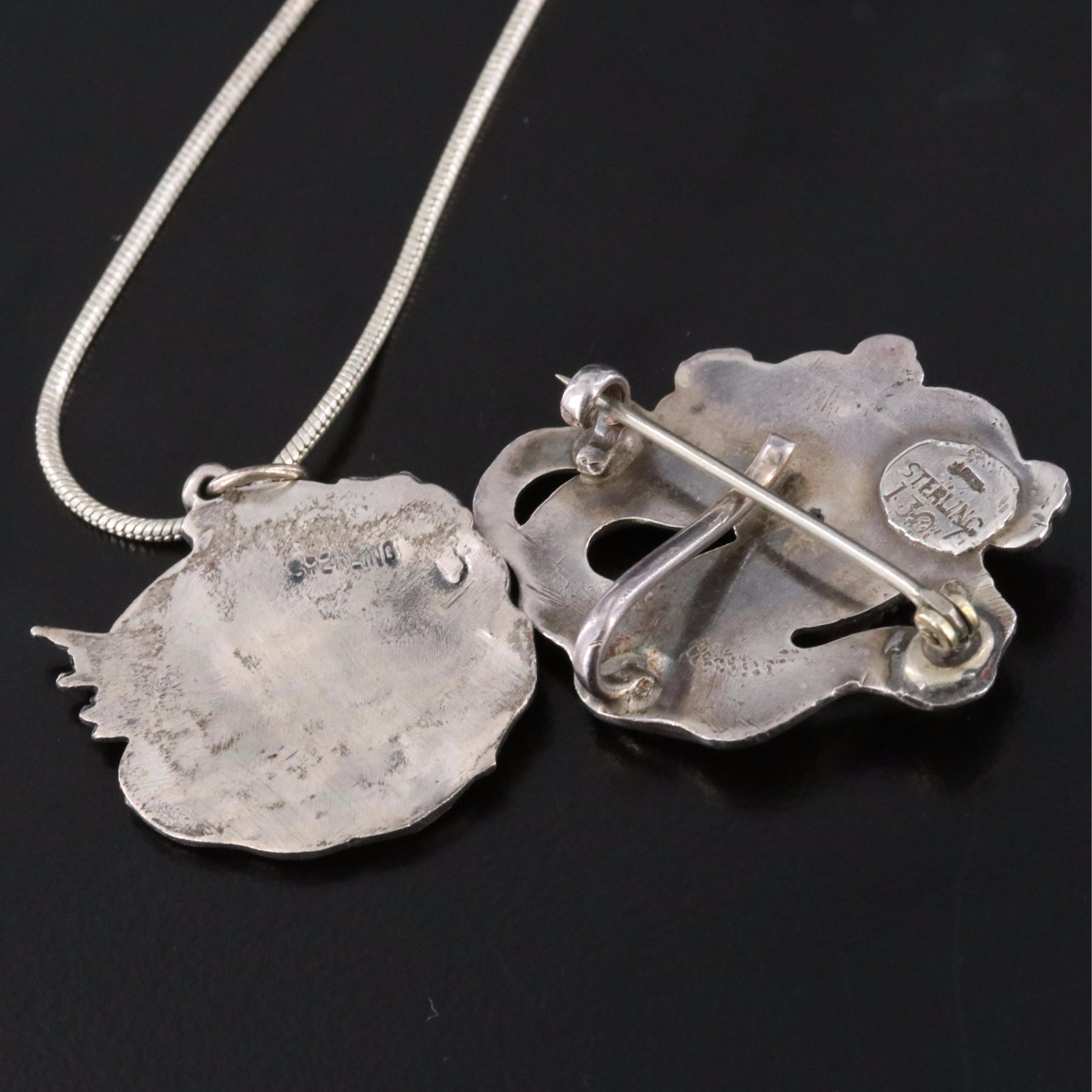 Art Nouveau Sterling Necklace and Brooch with Watch Hook