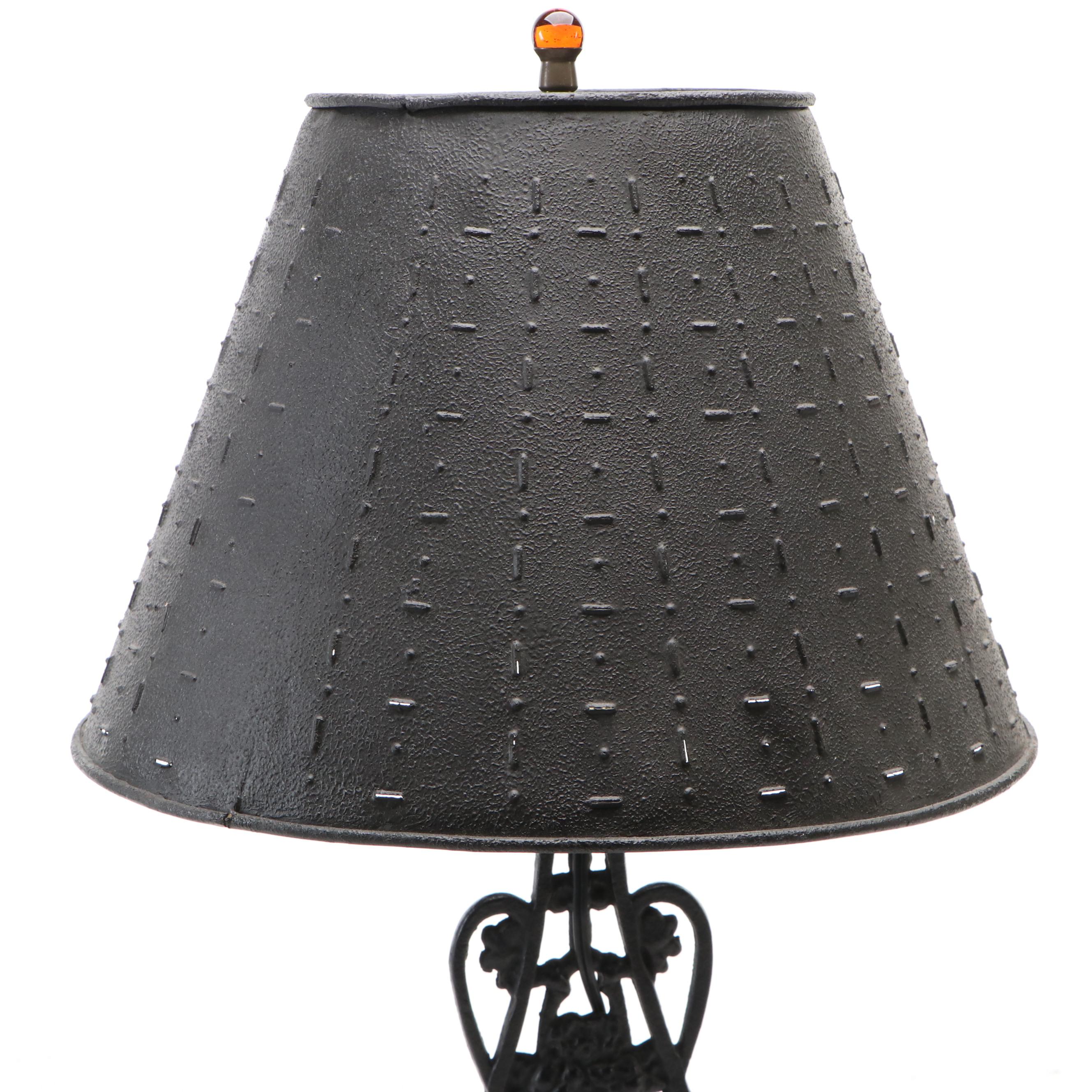 Architectural Element Cast Iron Table Lamp with Punched Metal Shade