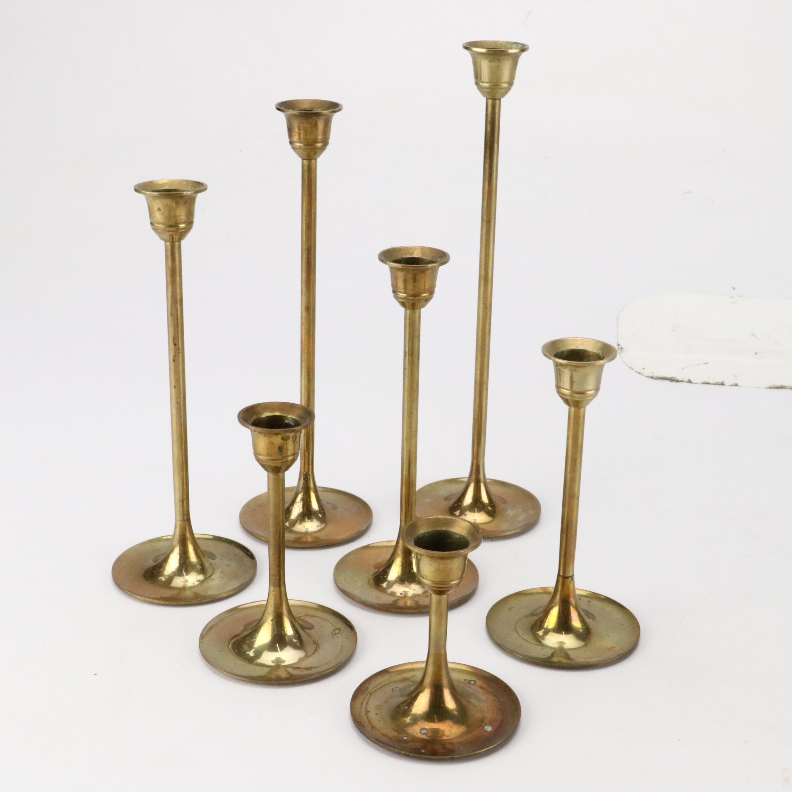 Brass Candlesticks with Wood Handled Candle Snuffer and More