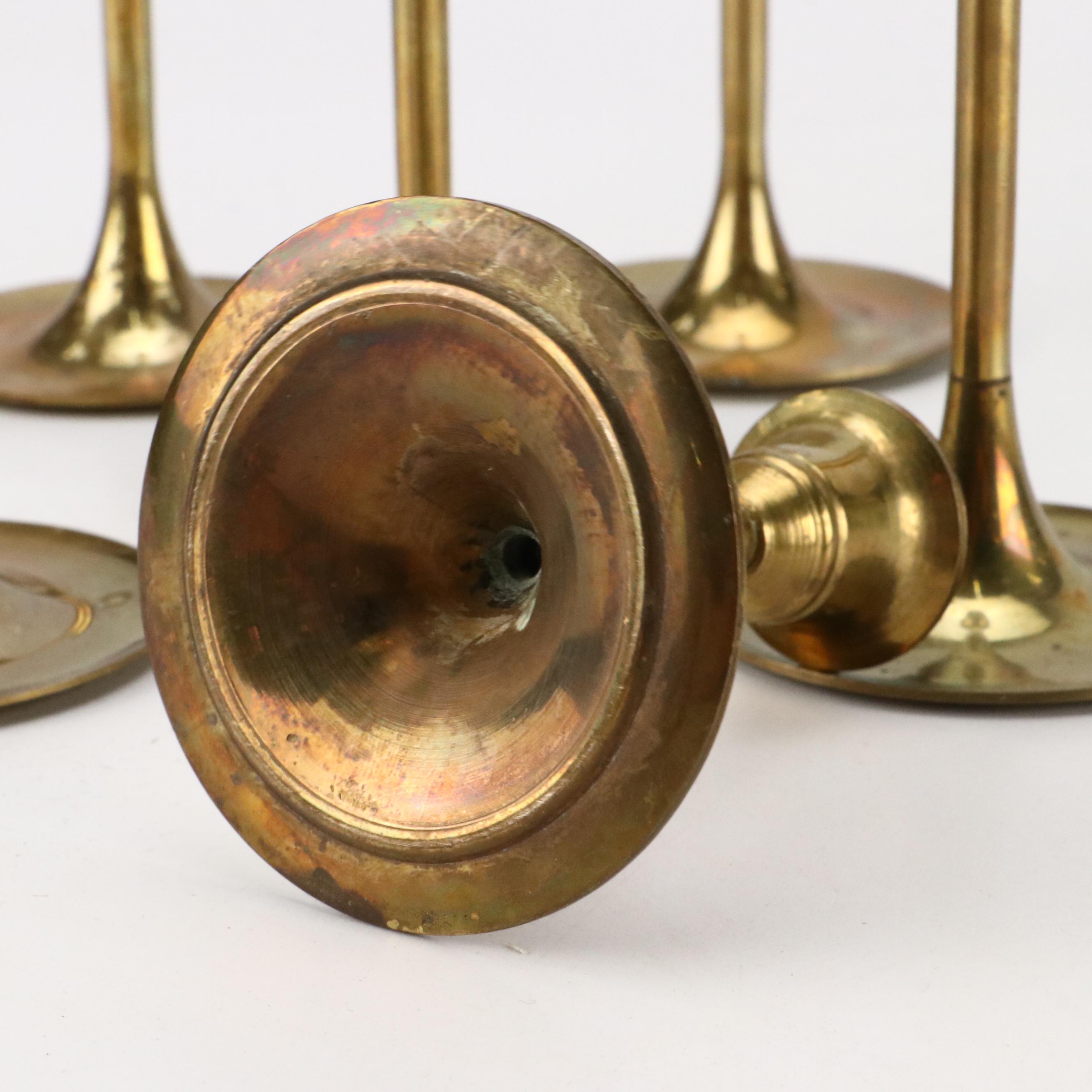 Brass Candlesticks with Wood Handled Candle Snuffer and More