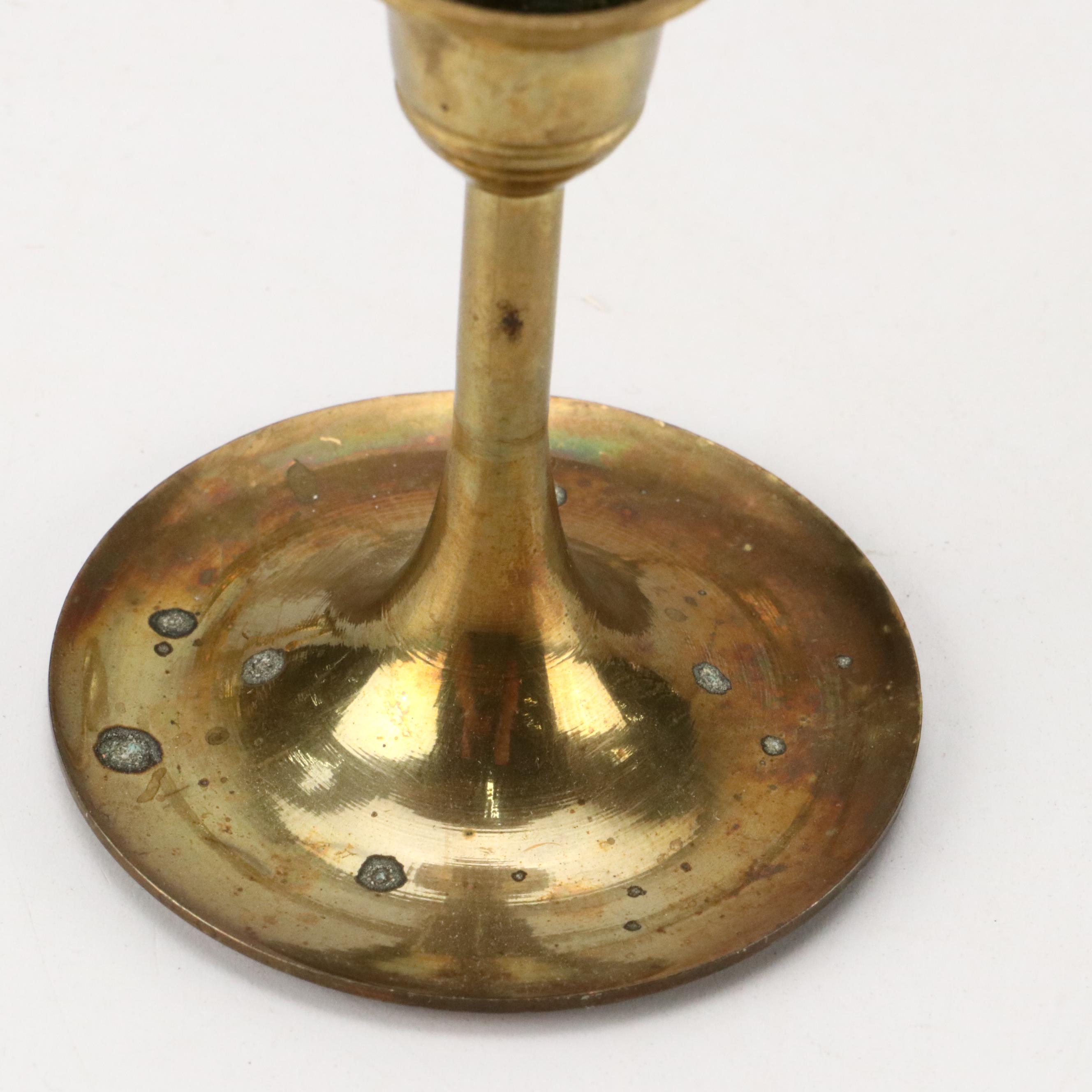 Brass Candlesticks with Wood Handled Candle Snuffer and More