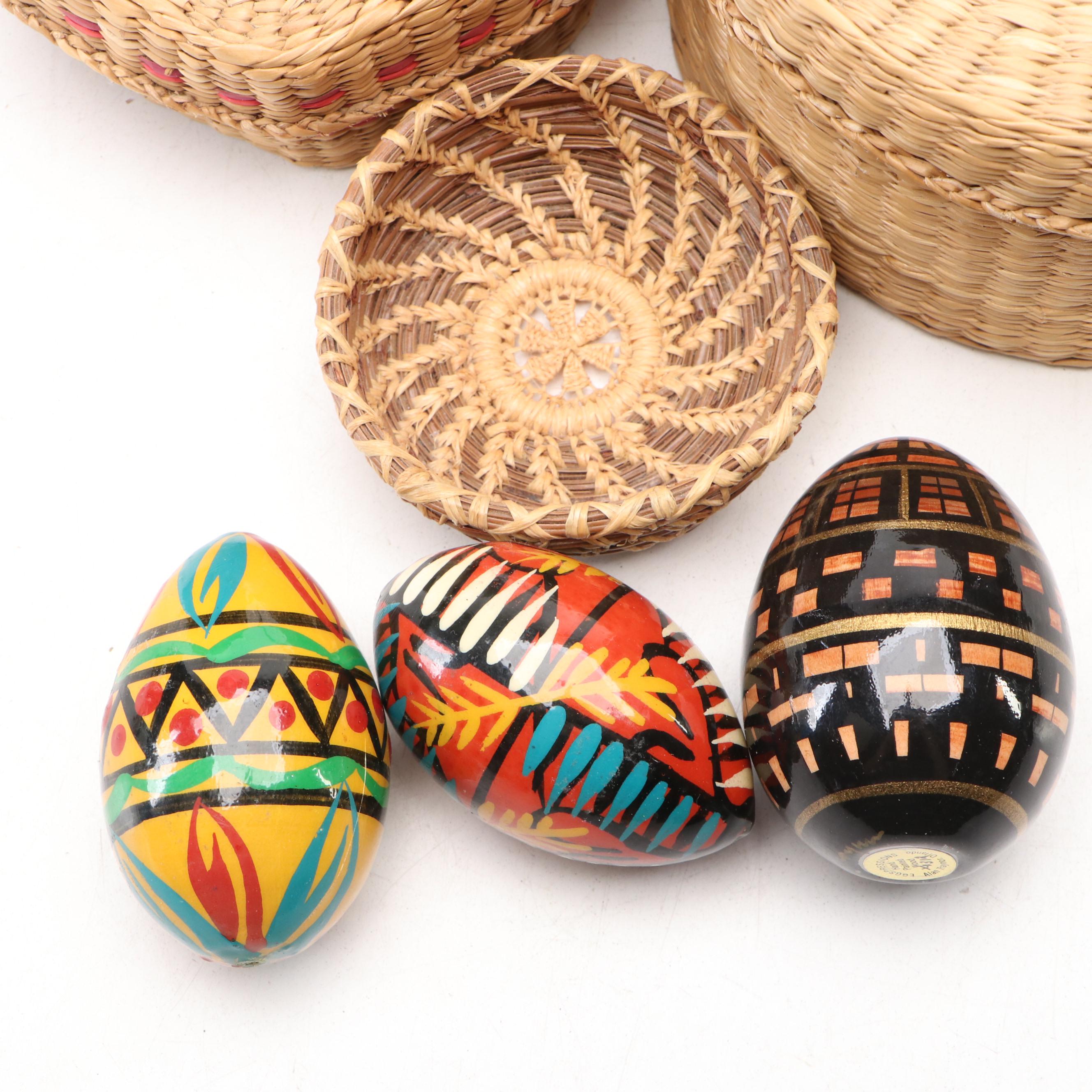 Hand-Painted Wood Eggs, Pine Needle, Seagrass and Bamboo Baskets, More