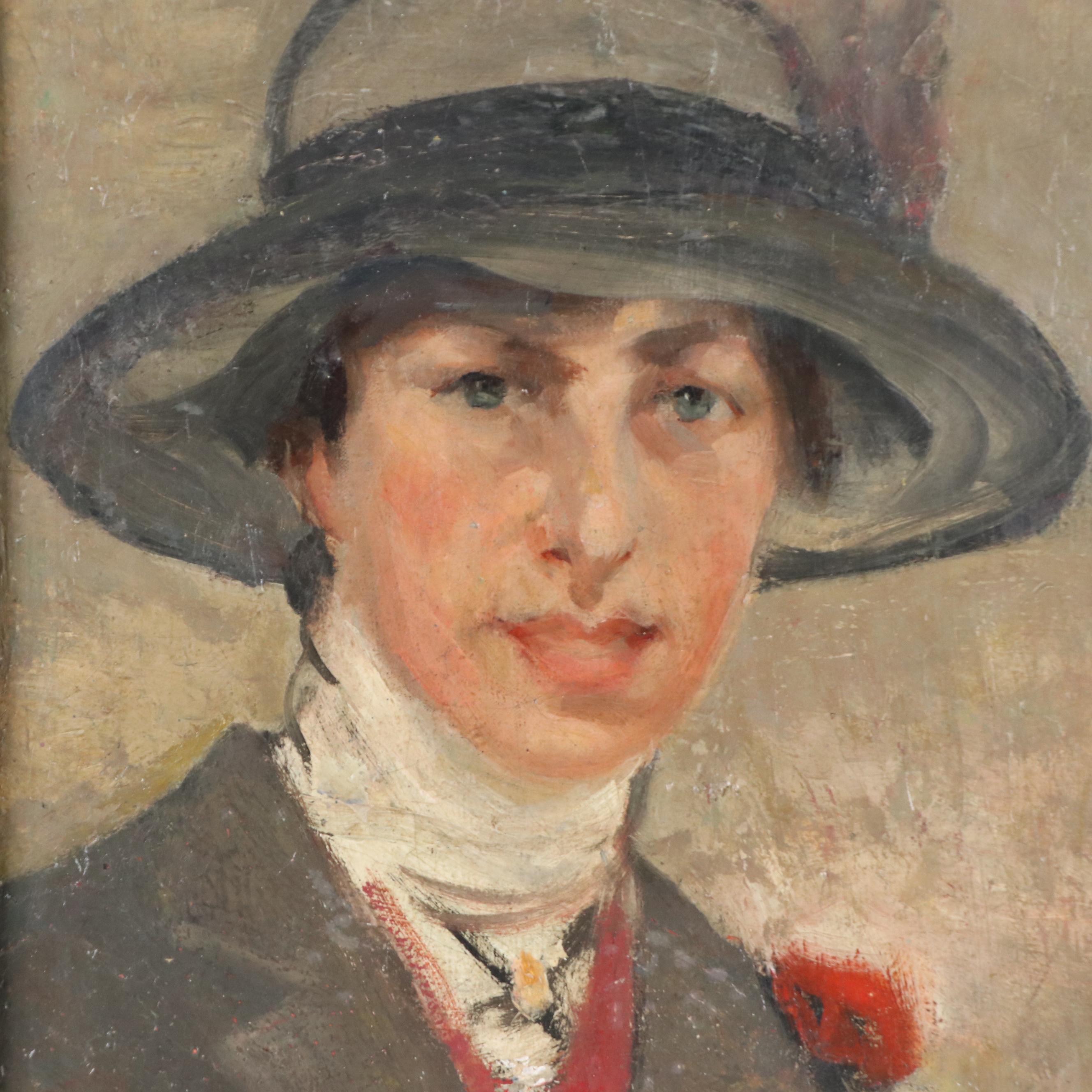 Raymond Woog Portrait Oil Painting of Woman in Hat, 1906