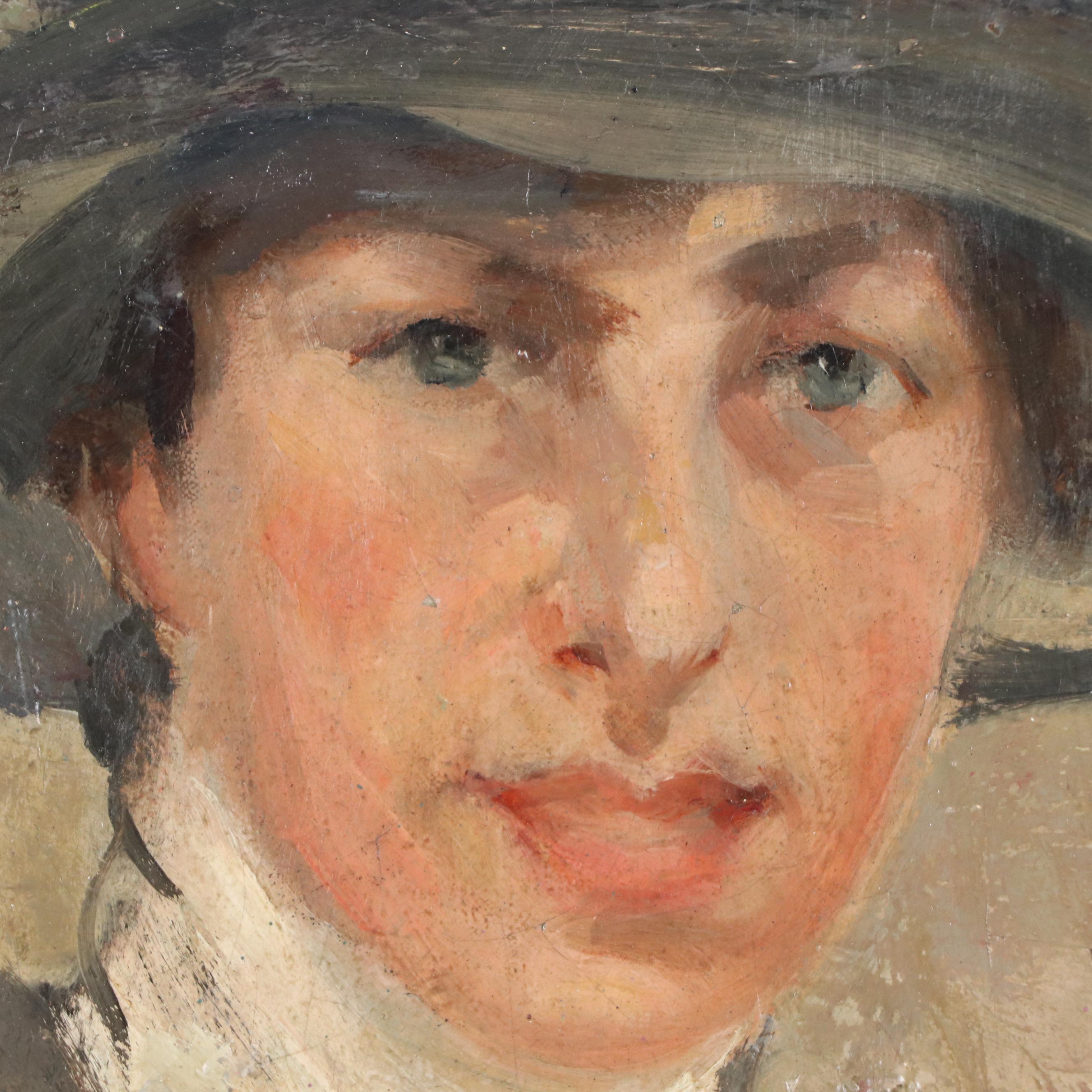 Raymond Woog Portrait Oil Painting of Woman in Hat, 1906