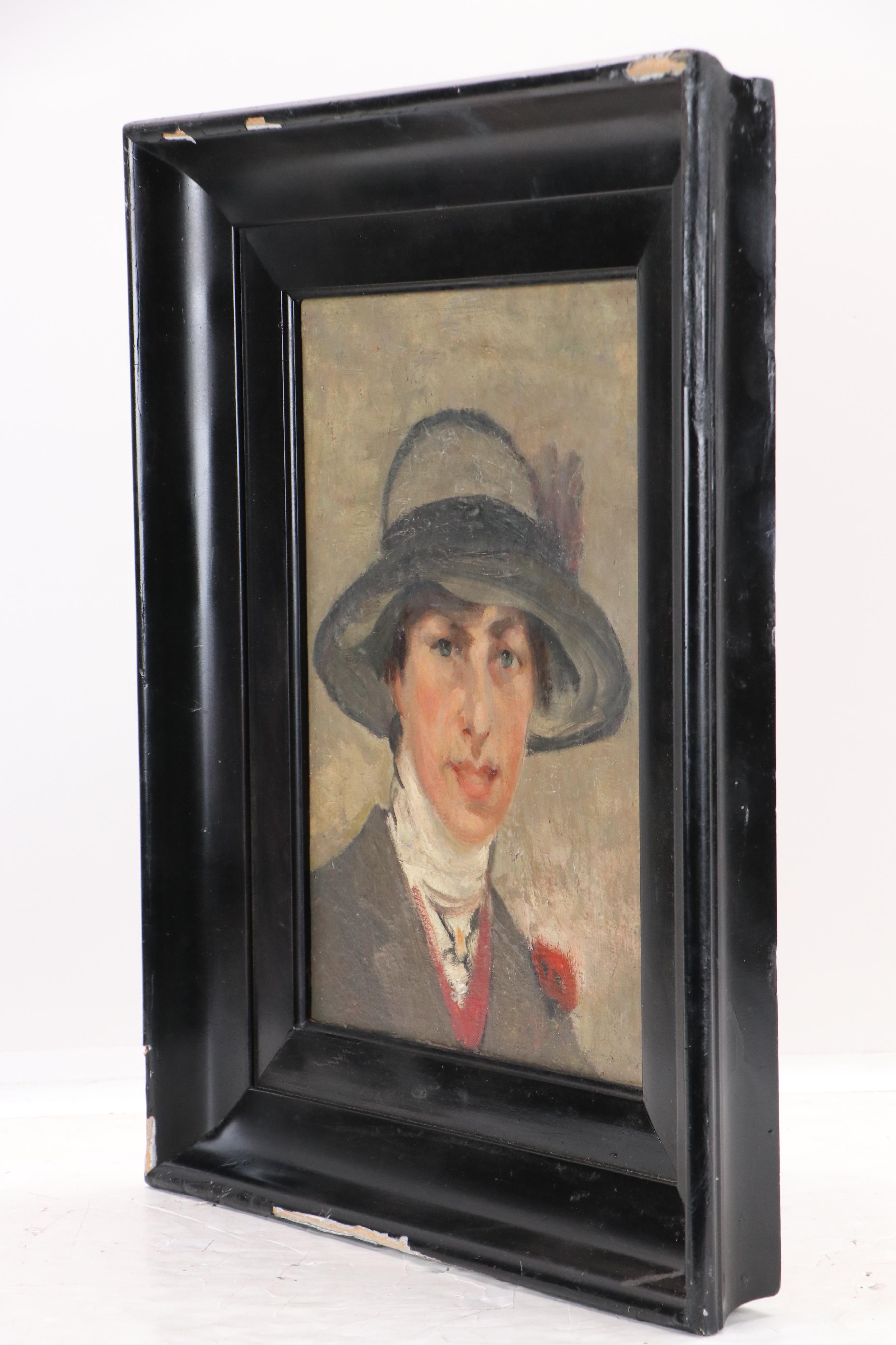 Raymond Woog Portrait Oil Painting of Woman in Hat, 1906